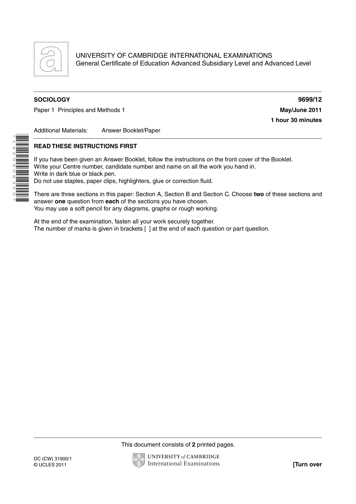 Cambridge A Level Sociology 9699 2011 May/June Paper 1 · Variant 2 question paper, page 1 of 2