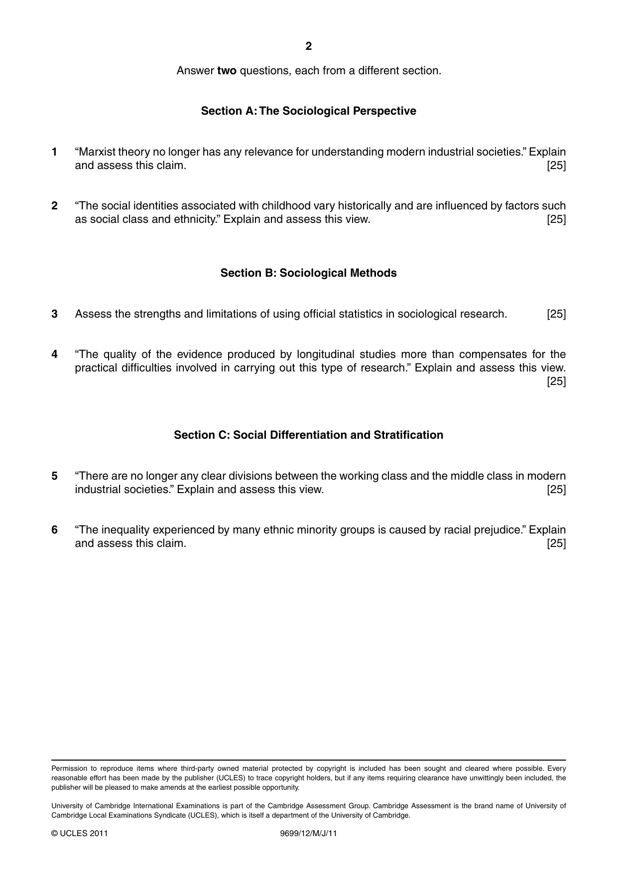Cambridge A Level Sociology 9699 2011 May/June Paper 1 · Variant 2 question paper, page 2 of 2