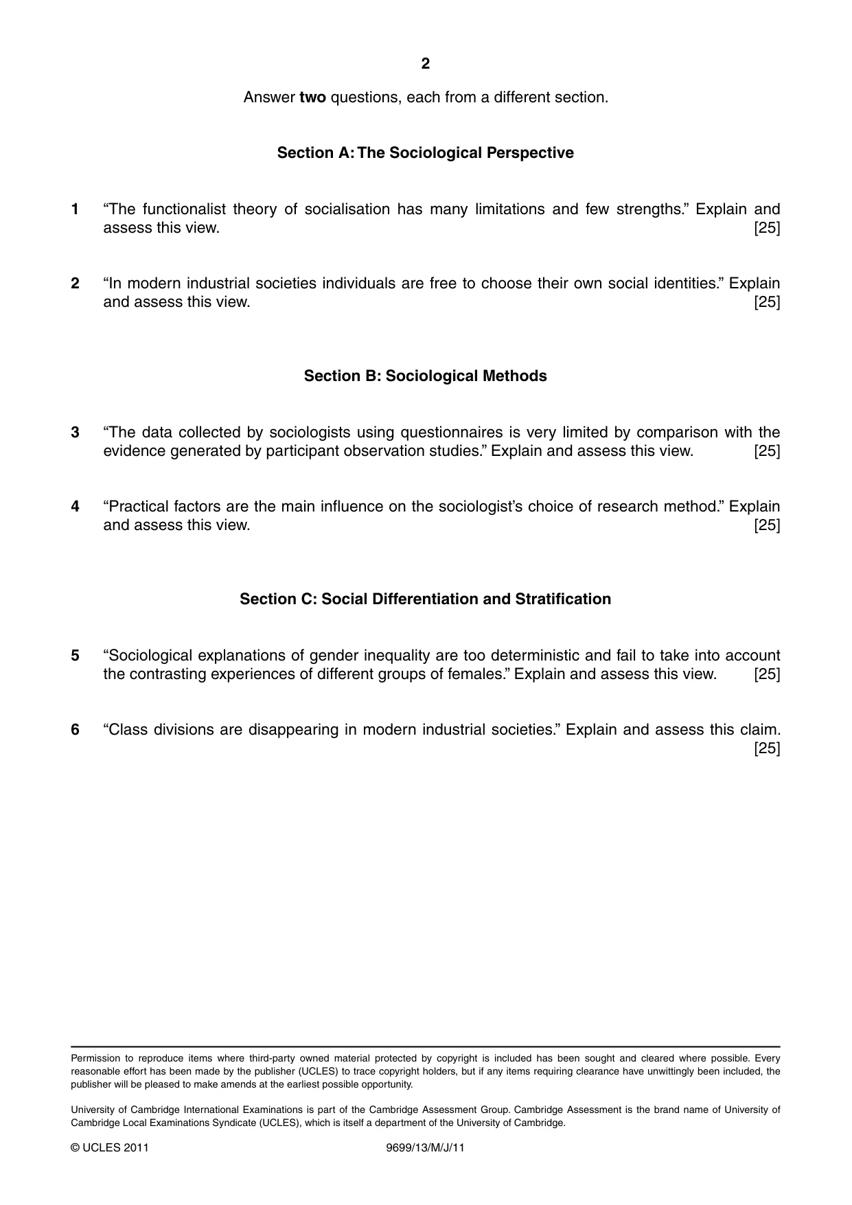 Cambridge A Level Sociology 9699 2011 May/June Paper 1 · Variant 3 question paper, page 2 of 2