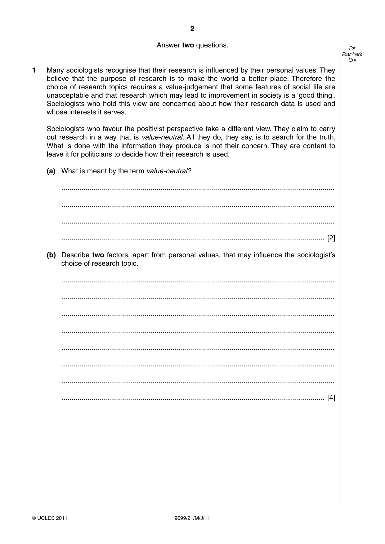 Cambridge A Level Sociology 9699 2011 May/June Paper 2 · Variant 1 question paper, page 2 of 16