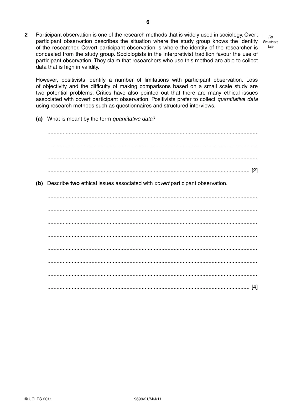 Cambridge A Level Sociology 9699 2011 May/June Paper 2 · Variant 1 question paper, page 6 of 16