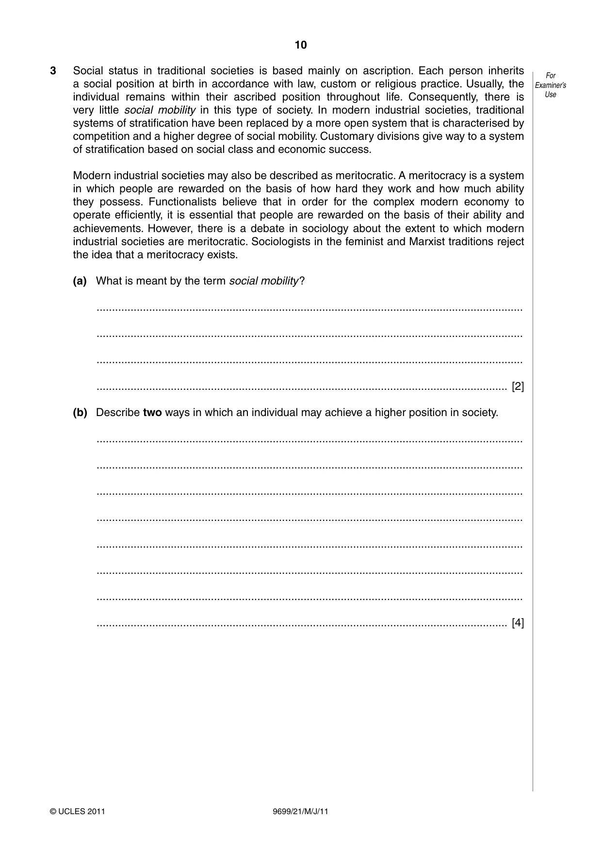 Cambridge A Level Sociology 9699 2011 May/June Paper 2 · Variant 1 question paper, page 10 of 16