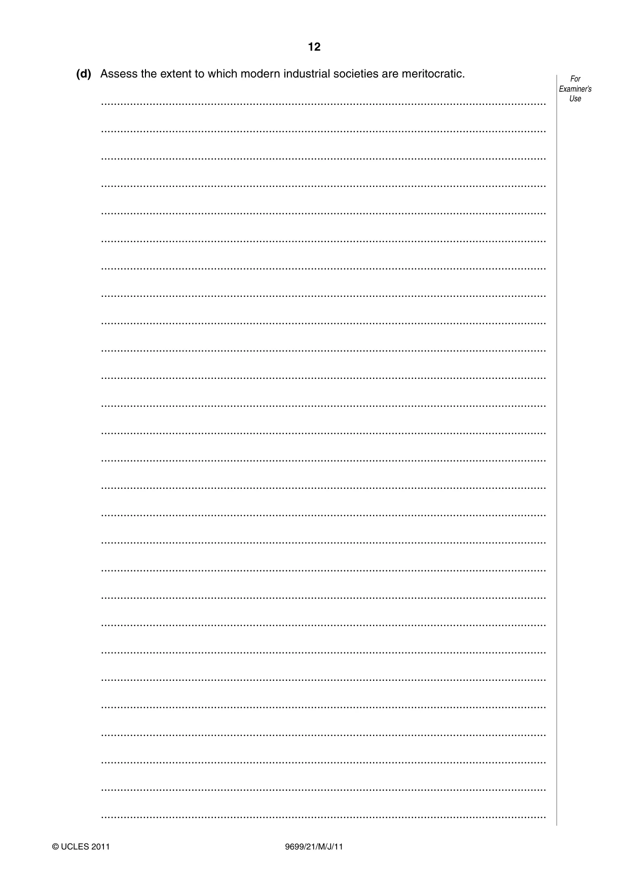 Cambridge A Level Sociology 9699 2011 May/June Paper 2 · Variant 1 question paper, page 12 of 16