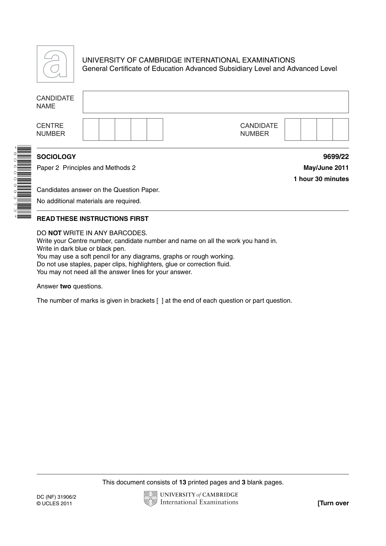 Cambridge A Level Sociology 9699 2011 May/June Paper 2 · Variant 2 question paper, page 1 of 16