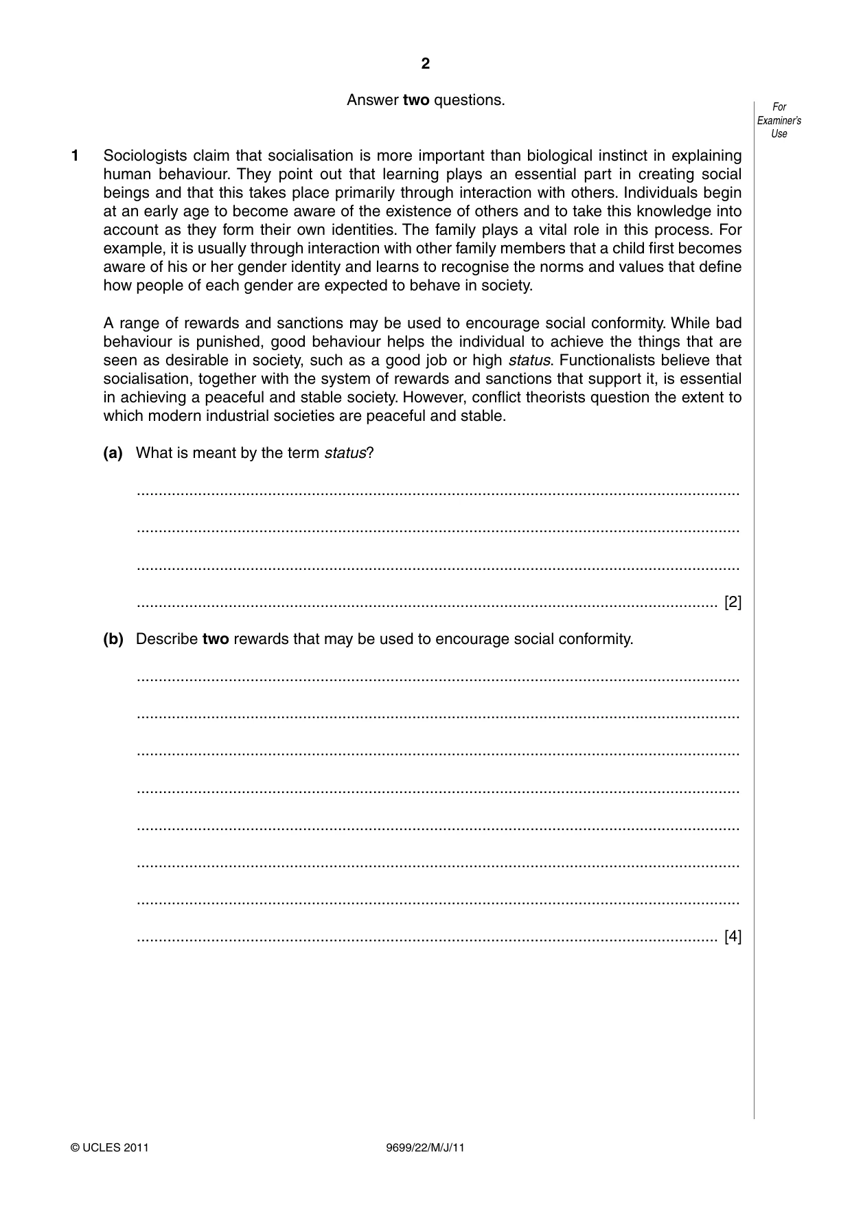 Cambridge A Level Sociology 9699 2011 May/June Paper 2 · Variant 2 question paper, page 2 of 16