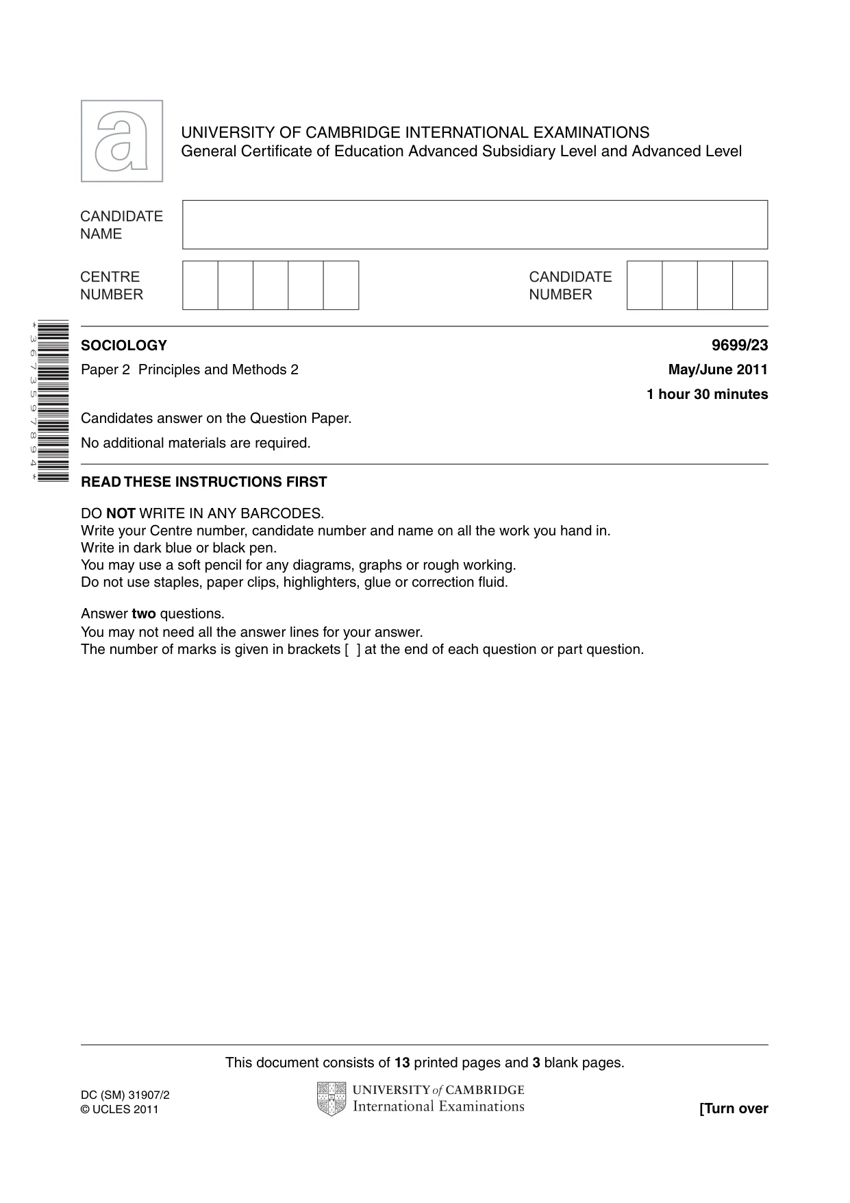 Cambridge A Level Sociology 9699 2011 May/June Paper 2 · Variant 3 question paper, page 1 of 16