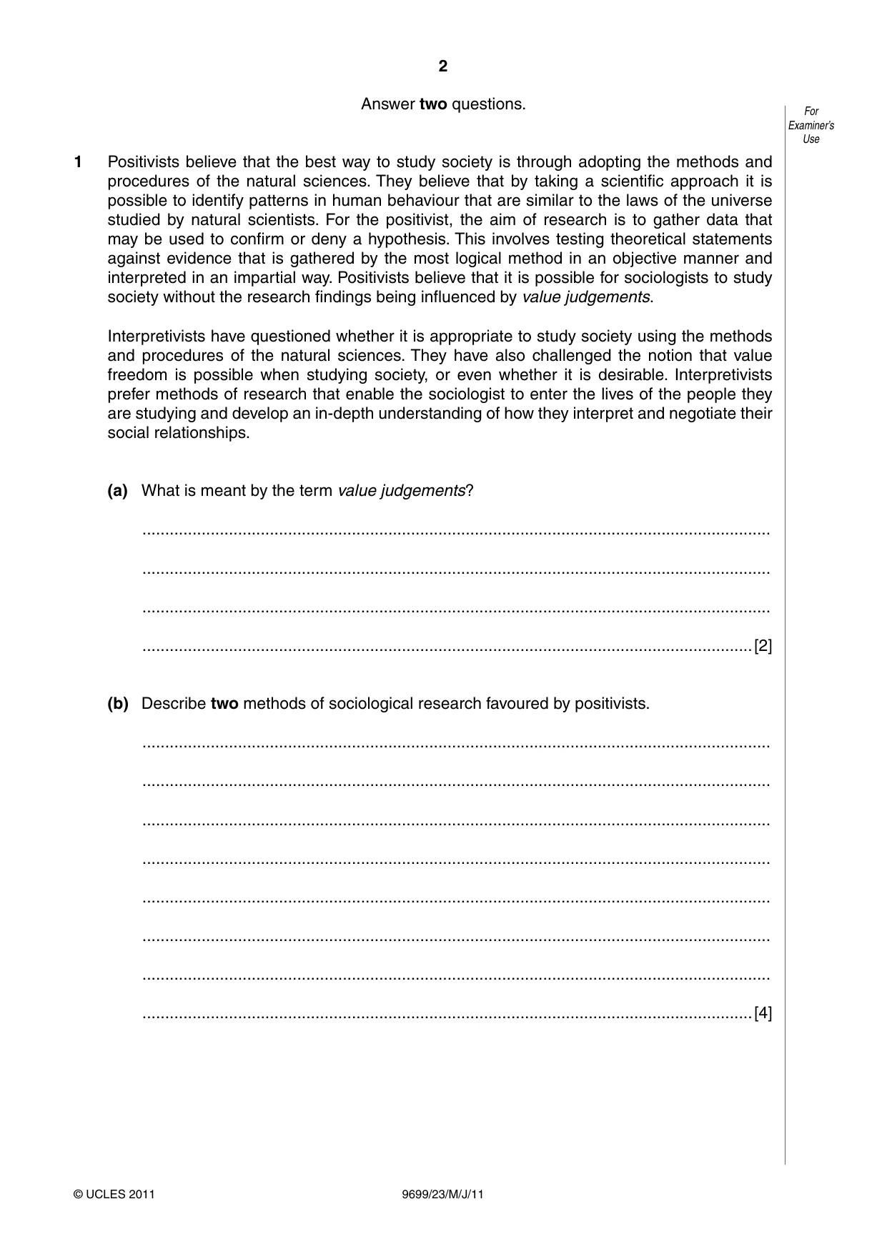Cambridge A Level Sociology 9699 2011 May/June Paper 2 · Variant 3 question paper, page 2 of 16