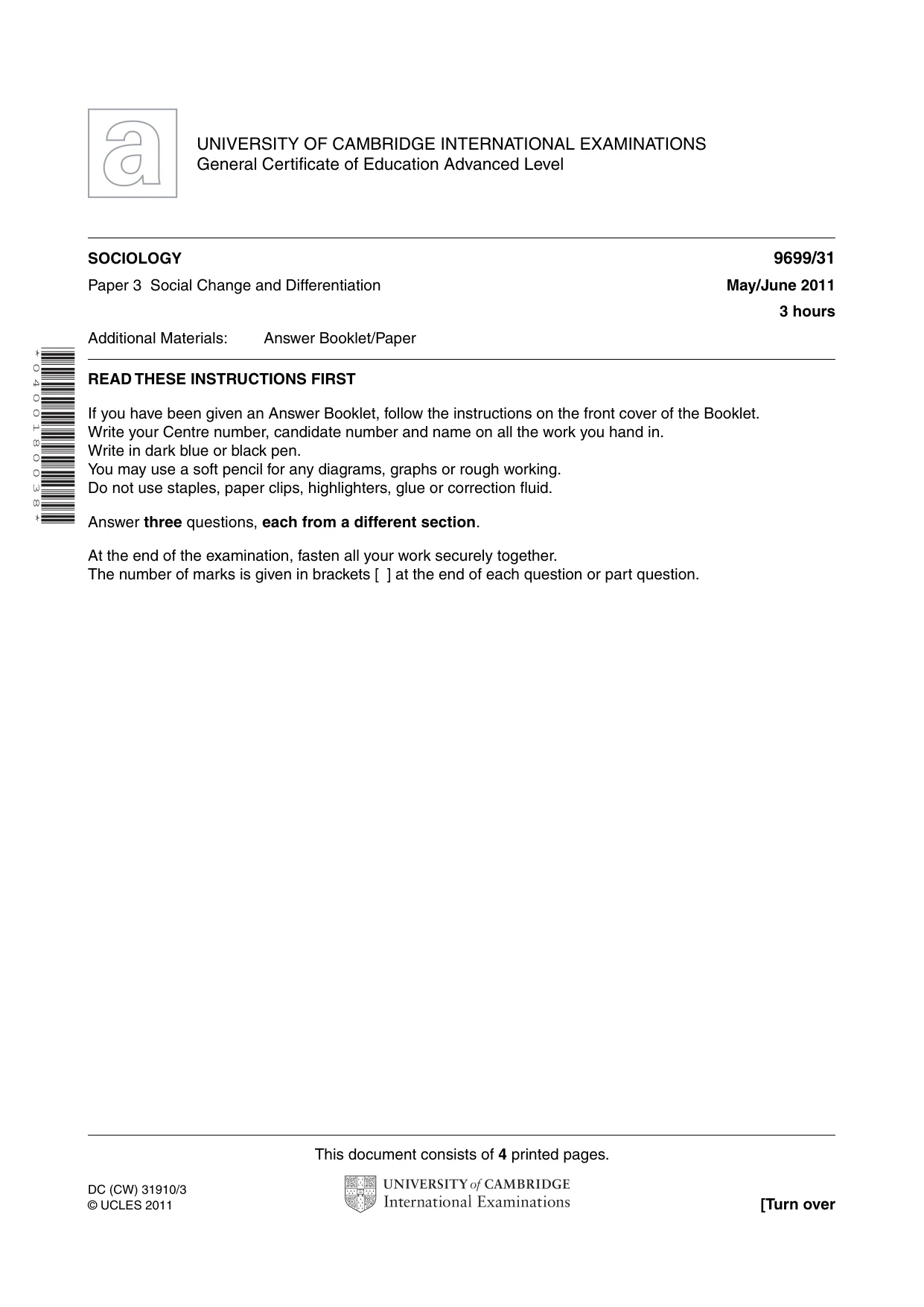Cambridge A Level Sociology 9699 2011 May/June Paper 3 · Variant 1 question paper, page 1 of 4