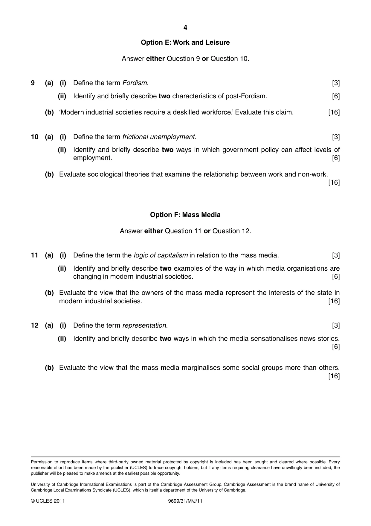 Cambridge A Level Sociology 9699 2011 May/June Paper 3 · Variant 1 question paper, page 4 of 4