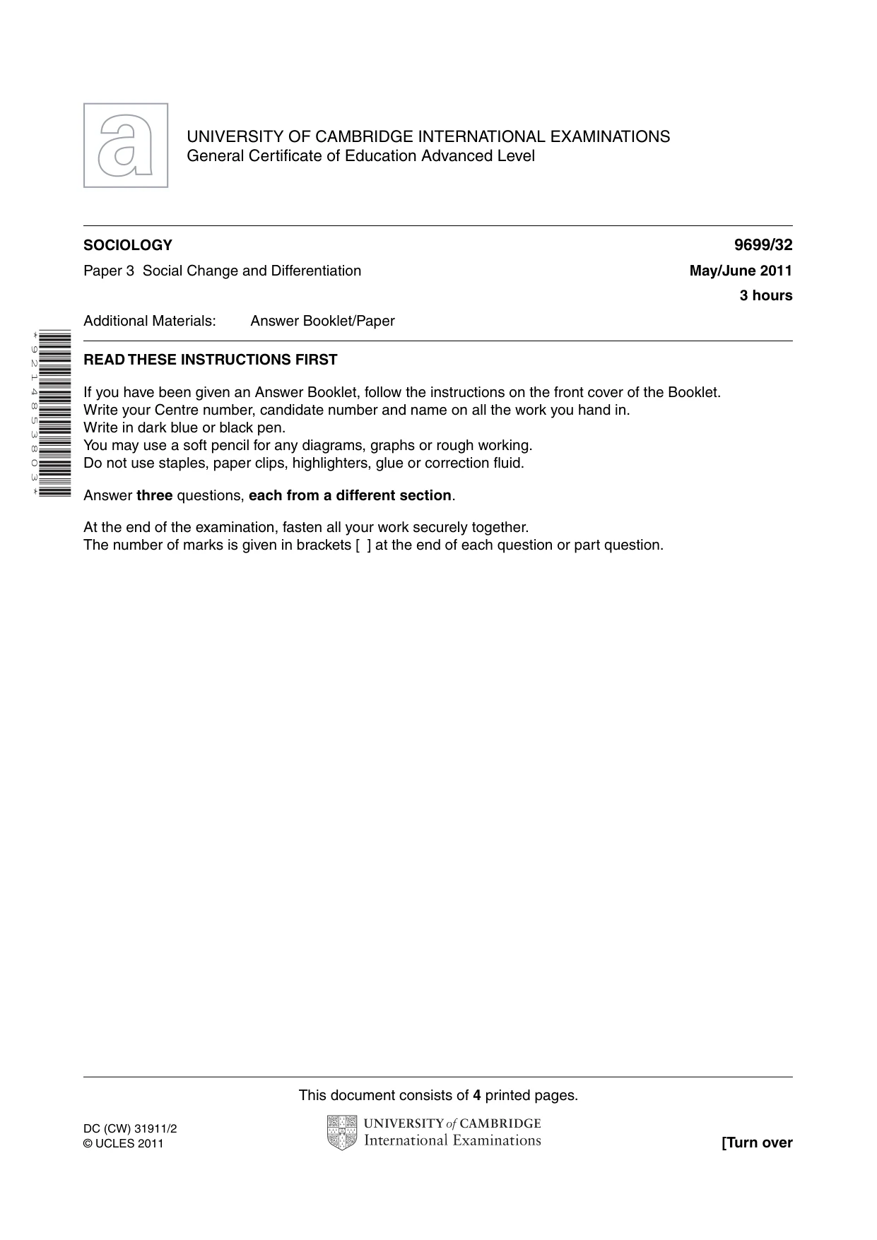 Cambridge A Level Sociology 9699 2011 May/June Paper 3 · Variant 2 question paper, page 1 of 4