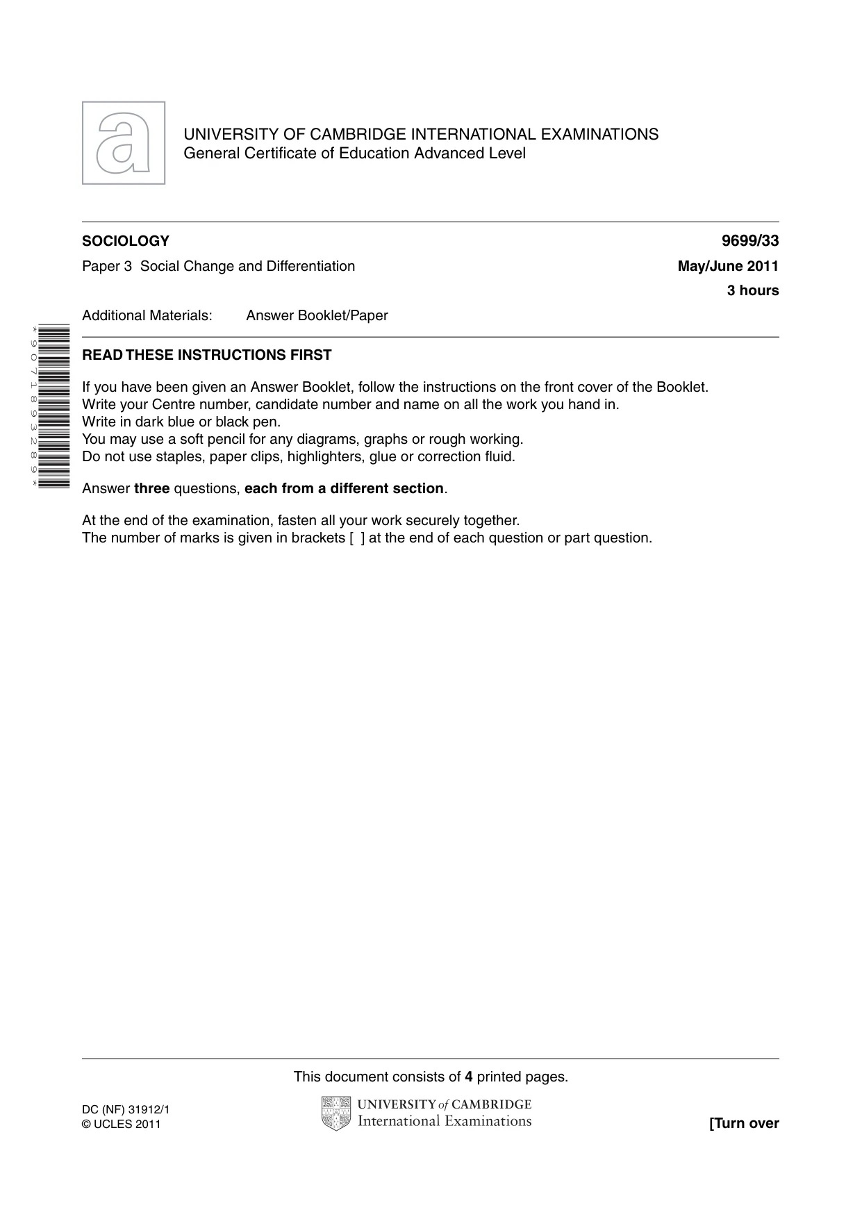Cambridge A Level Sociology 9699 2011 May/June Paper 3 · Variant 3 question paper, page 1 of 4