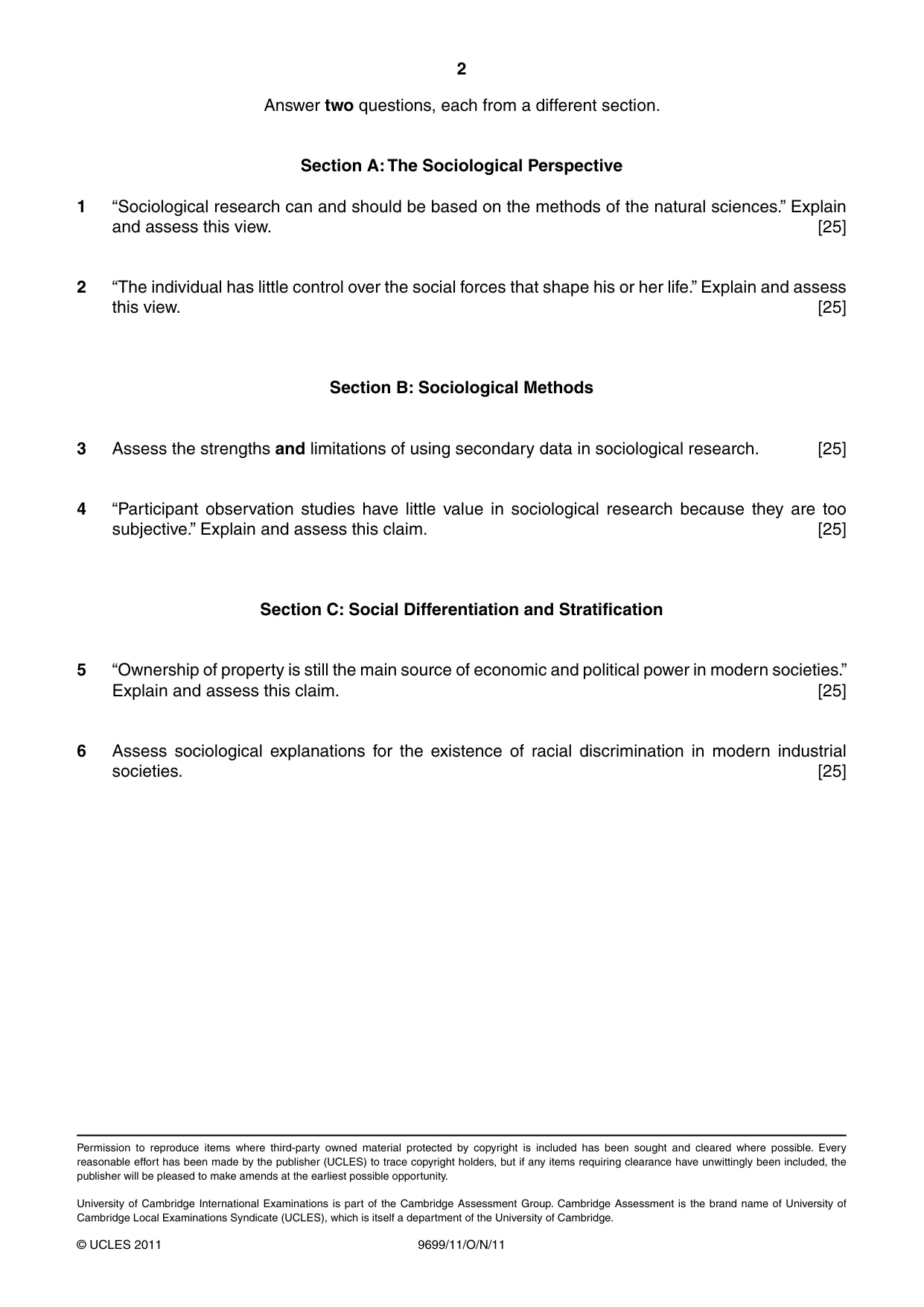 Cambridge A Level Sociology 9699 2011 Oct/Nov Paper 1 · Variant 1 question paper, page 2 of 2