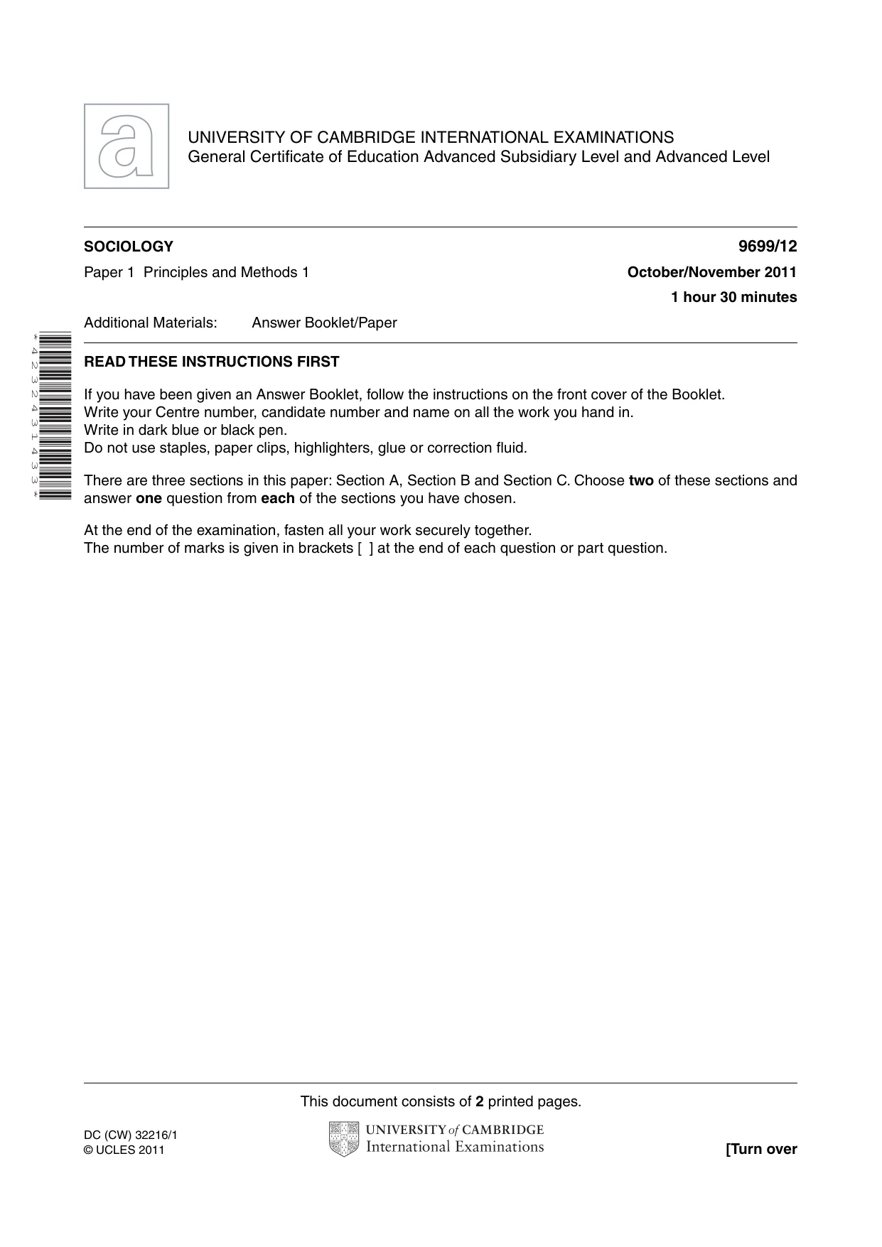 Cambridge A Level Sociology 9699 2011 Oct/Nov Paper 1 · Variant 2 question paper, page 1 of 2