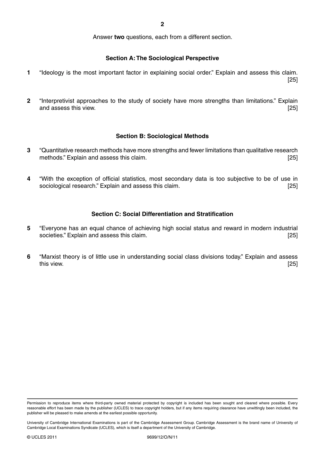 Cambridge A Level Sociology 9699 2011 Oct/Nov Paper 1 · Variant 2 question paper, page 2 of 2