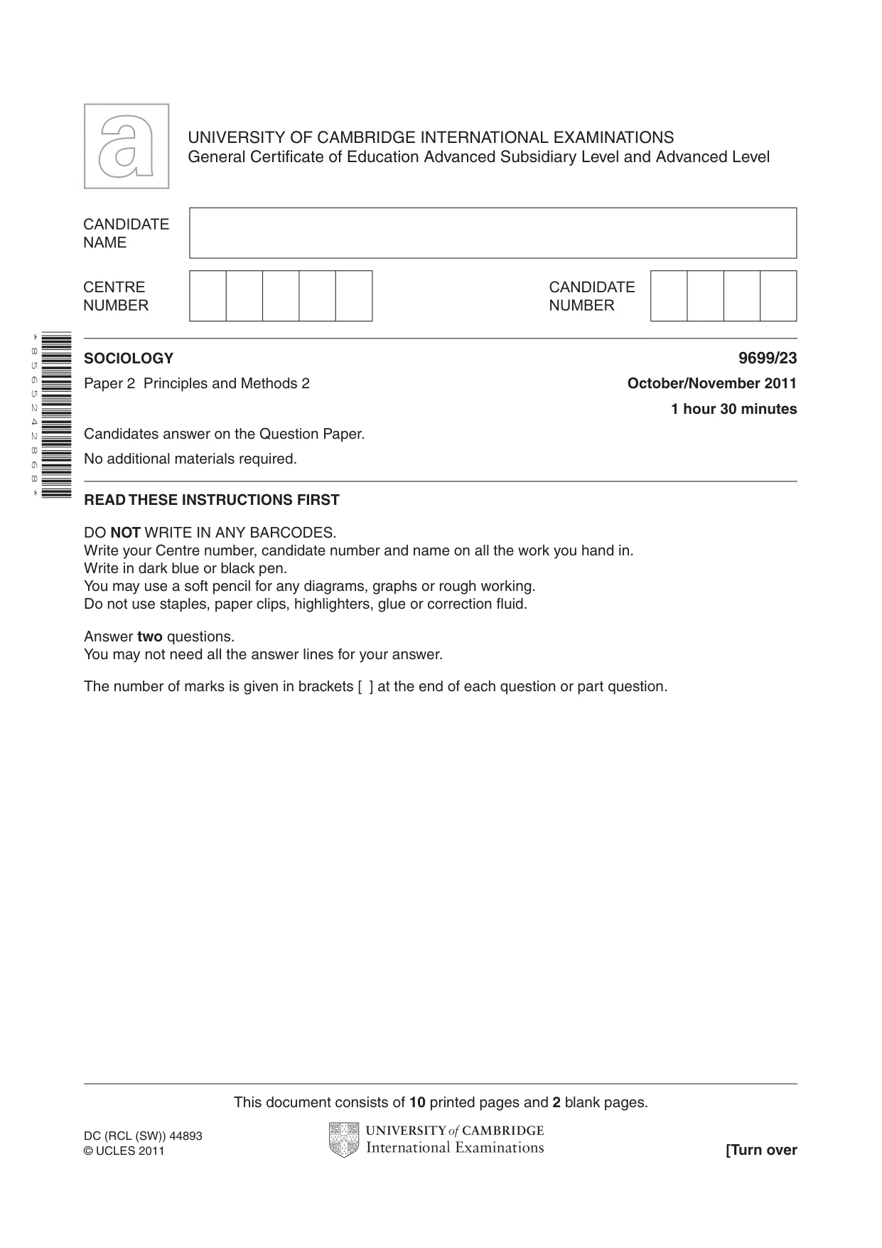 Cambridge A Level Sociology 9699 2011 Oct/Nov Paper 2 · Variant 3 question paper, page 1 of 12
