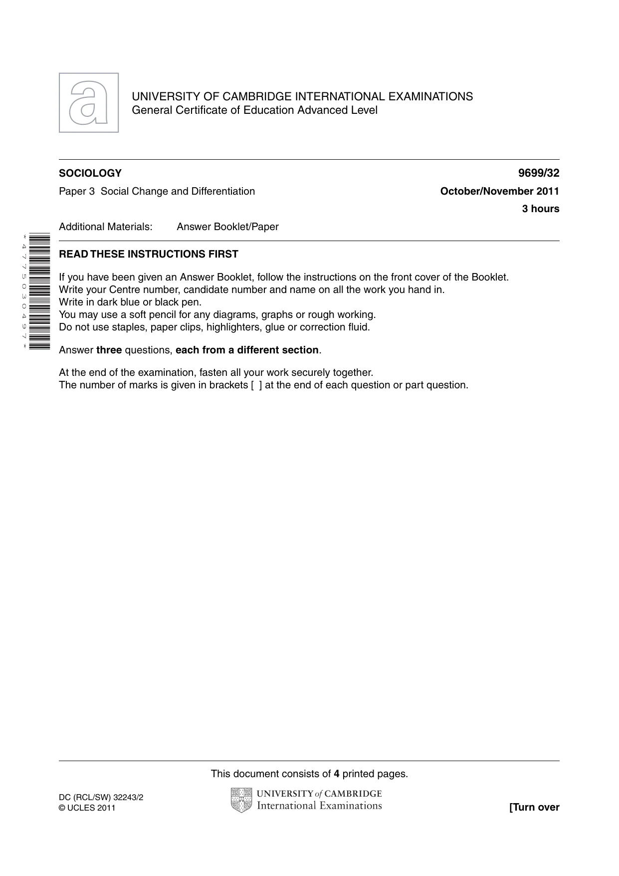 Cambridge A Level Sociology 9699 2011 Oct/Nov Paper 3 · Variant 2 question paper, page 1 of 4