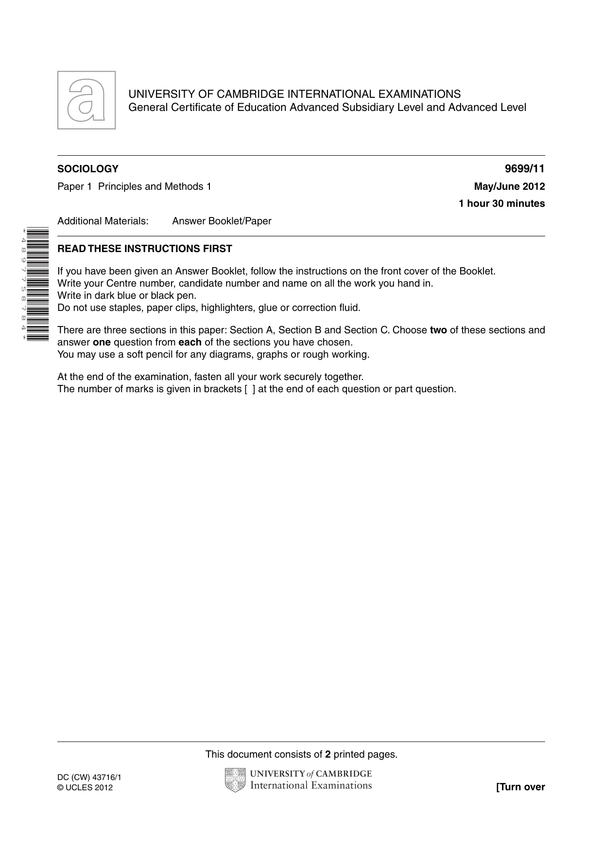 Cambridge A Level Sociology 9699 2012 May/June Paper 1 · Variant 1 question paper, page 1 of 2