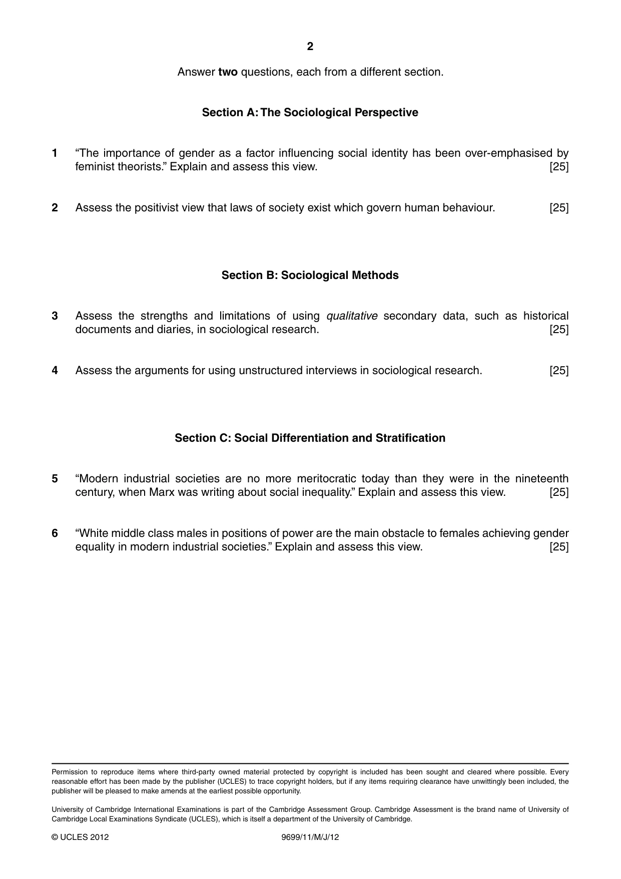 Cambridge A Level Sociology 9699 2012 May/June Paper 1 · Variant 1 question paper, page 2 of 2