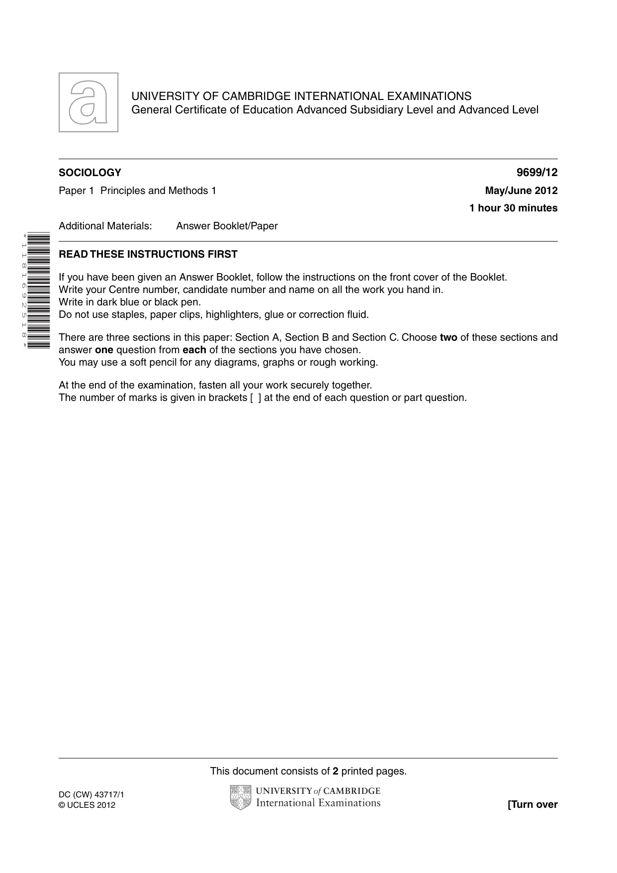Cambridge A Level Sociology 9699 2012 May/June Paper 1 · Variant 2 question paper, page 1 of 2