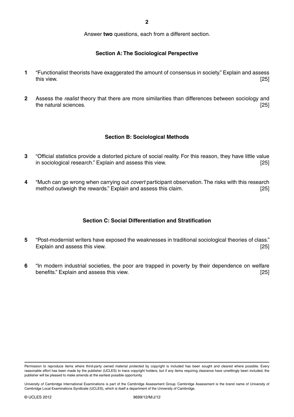 Cambridge A Level Sociology 9699 2012 May/June Paper 1 · Variant 2 question paper, page 2 of 2