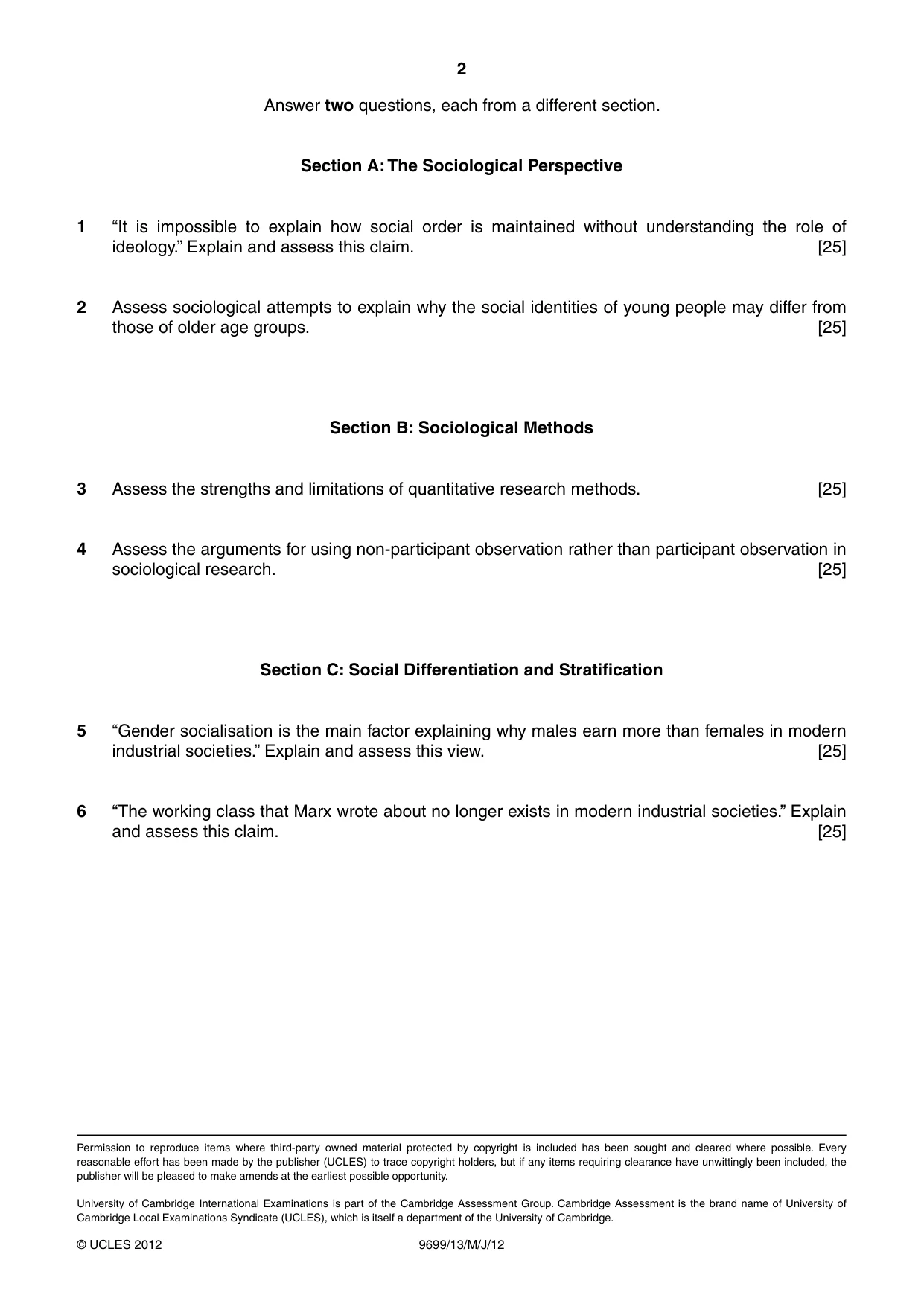 Cambridge A Level Sociology 9699 2012 May/June Paper 1 · Variant 3 question paper, page 2 of 2
