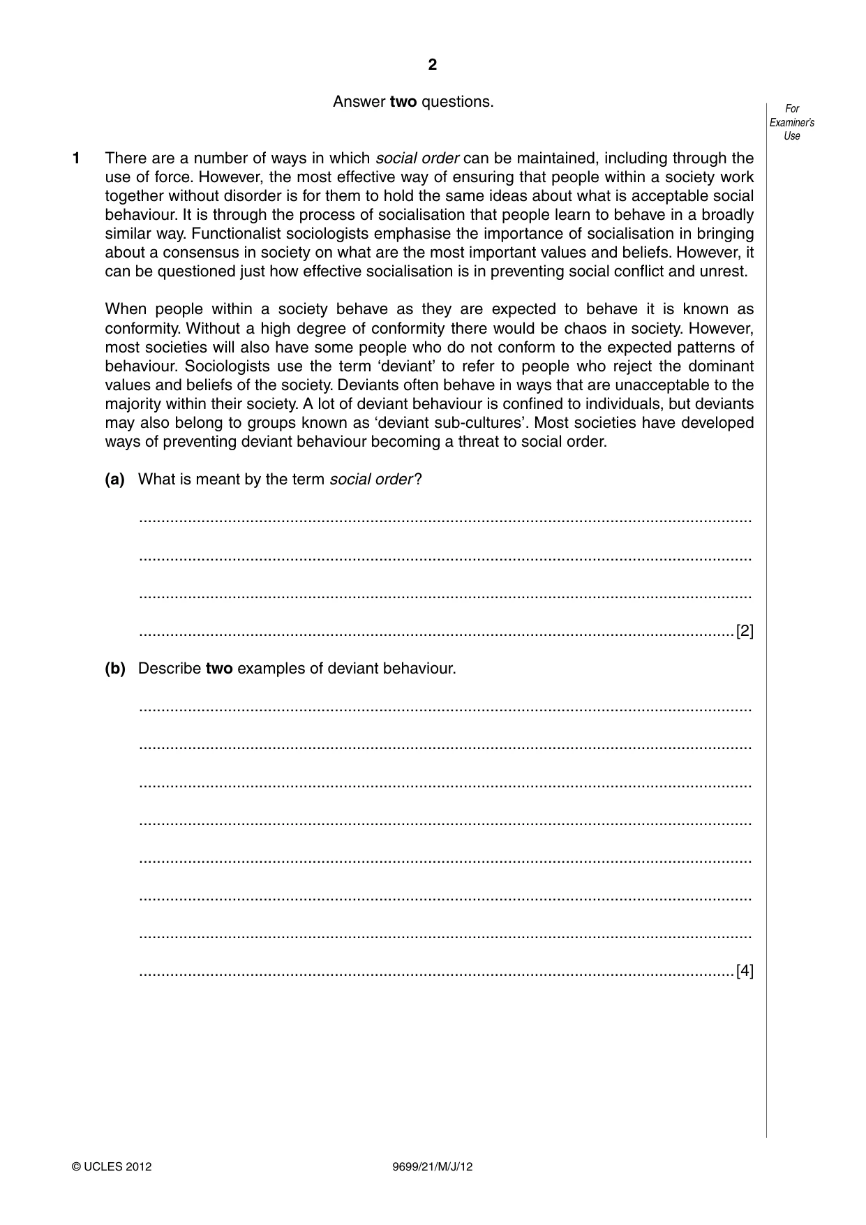 Cambridge A Level Sociology 9699 2012 May/June Paper 2 · Variant 1 question paper, page 2 of 16