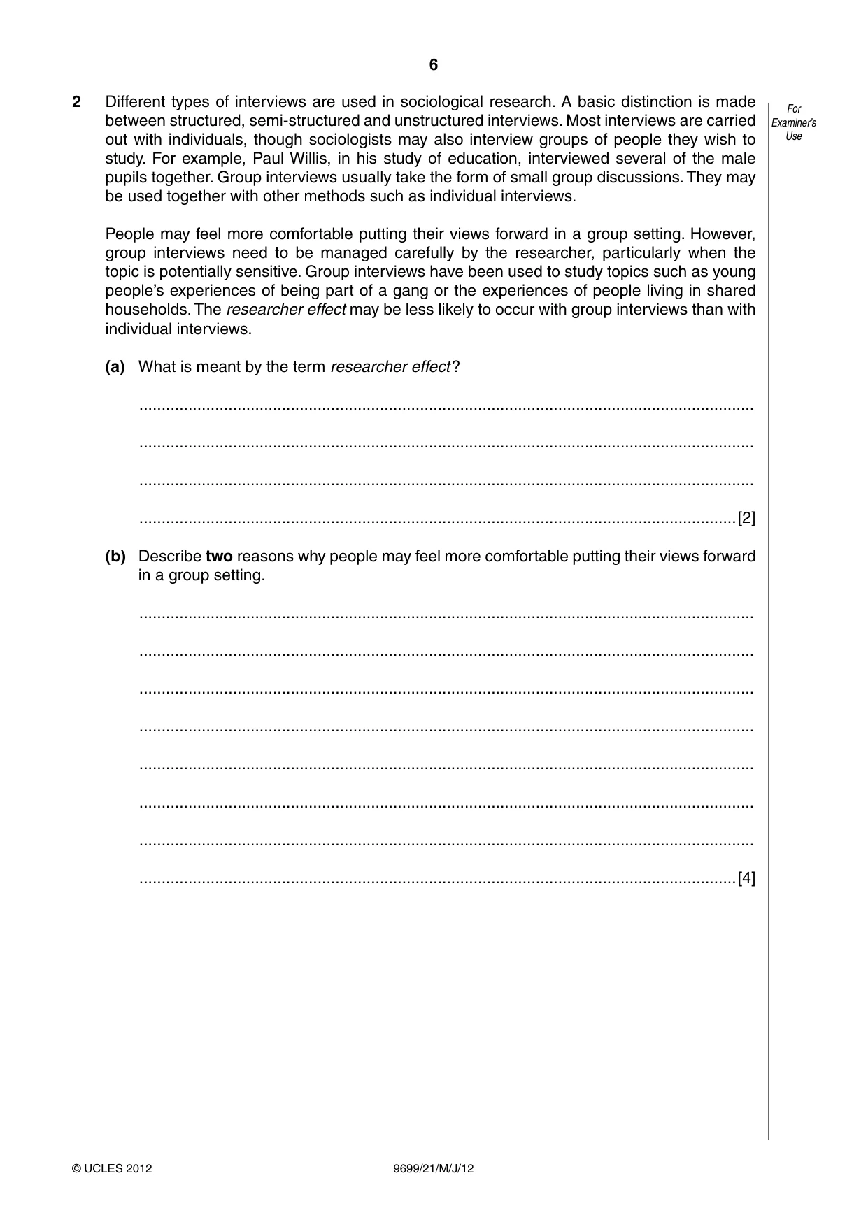 Cambridge A Level Sociology 9699 2012 May/June Paper 2 · Variant 1 question paper, page 6 of 16