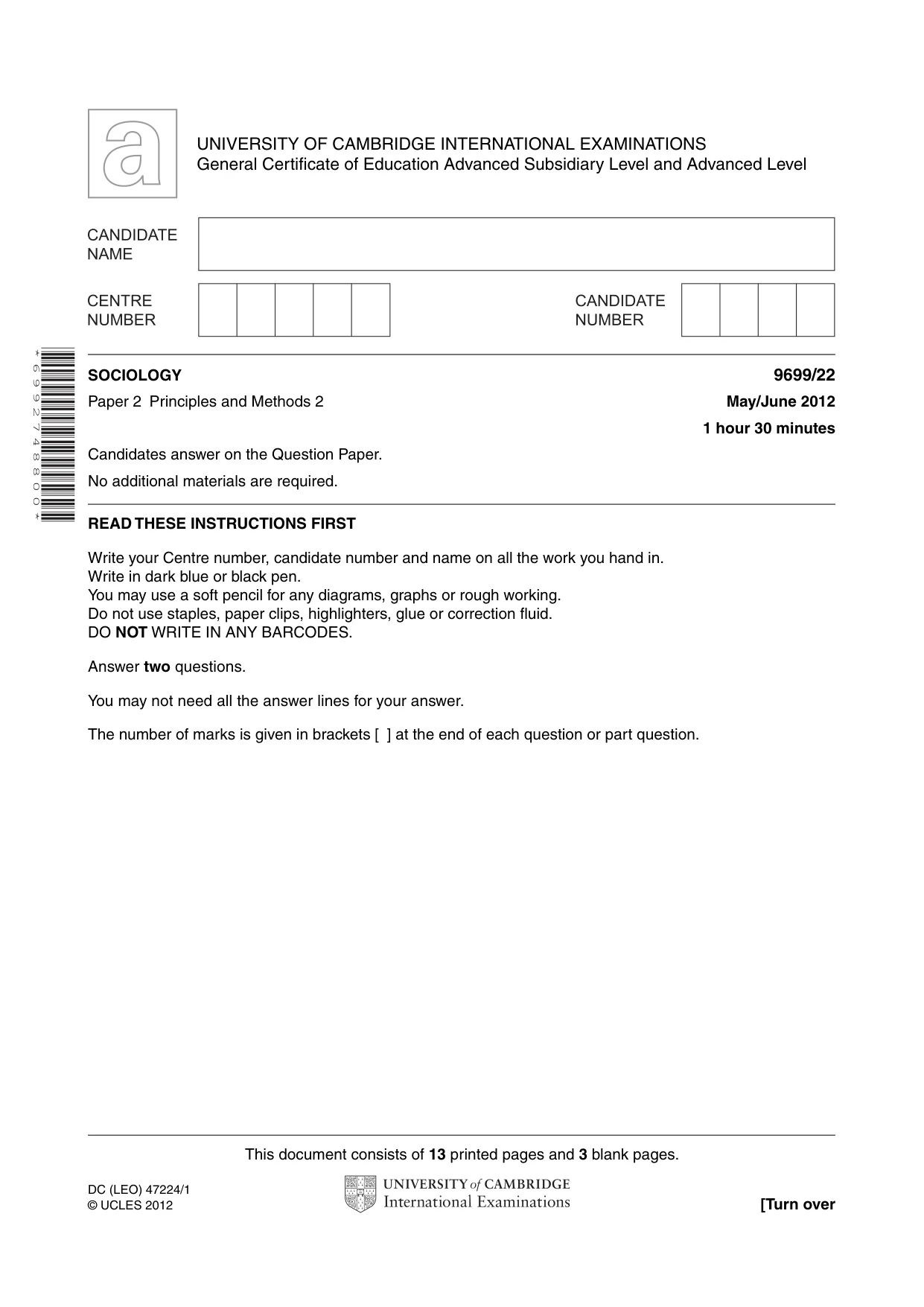 Cambridge A Level Sociology 9699 2012 May/June Paper 2 · Variant 2 question paper, page 1 of 16