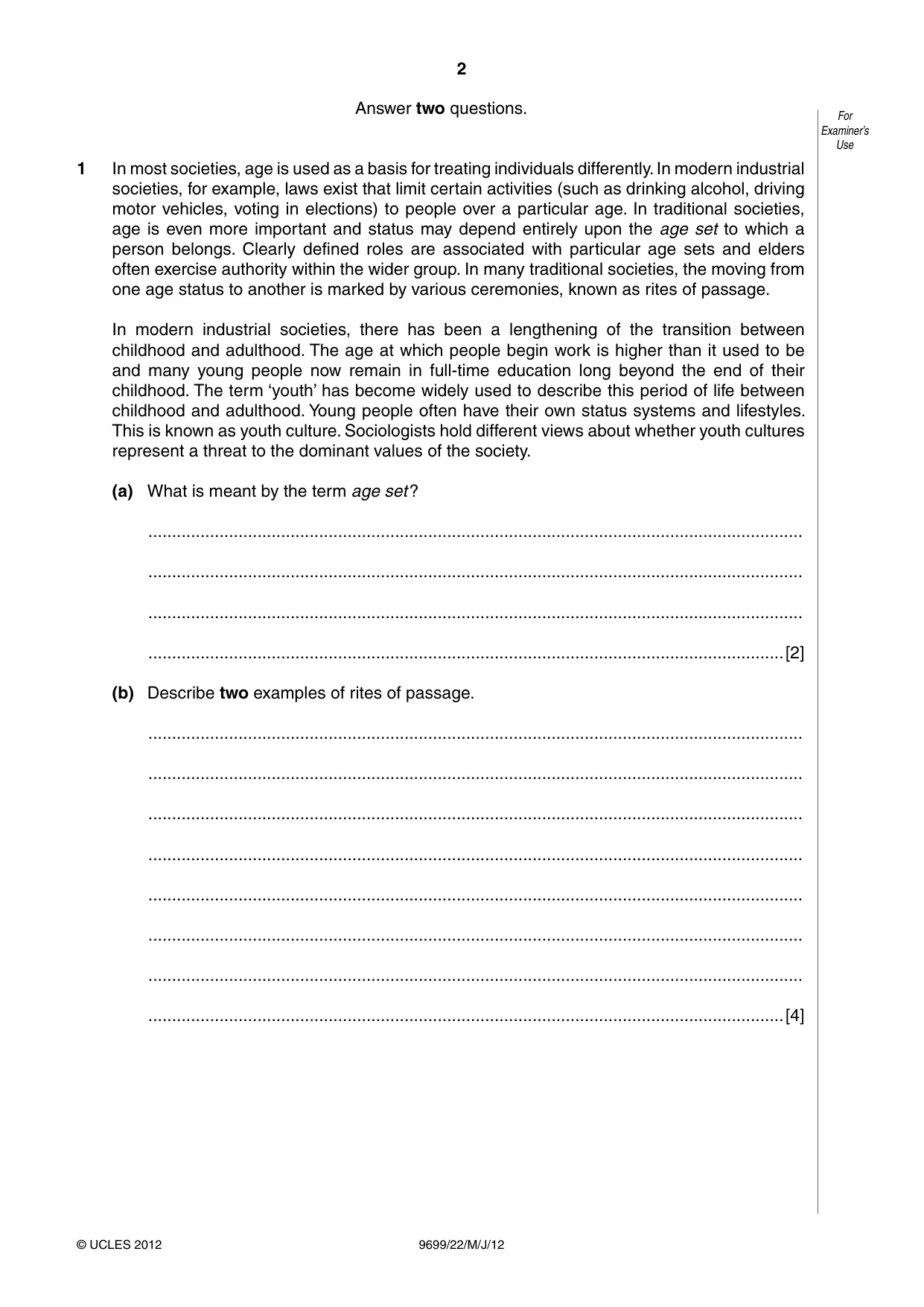 Cambridge A Level Sociology 9699 2012 May/June Paper 2 · Variant 2 question paper, page 2 of 16