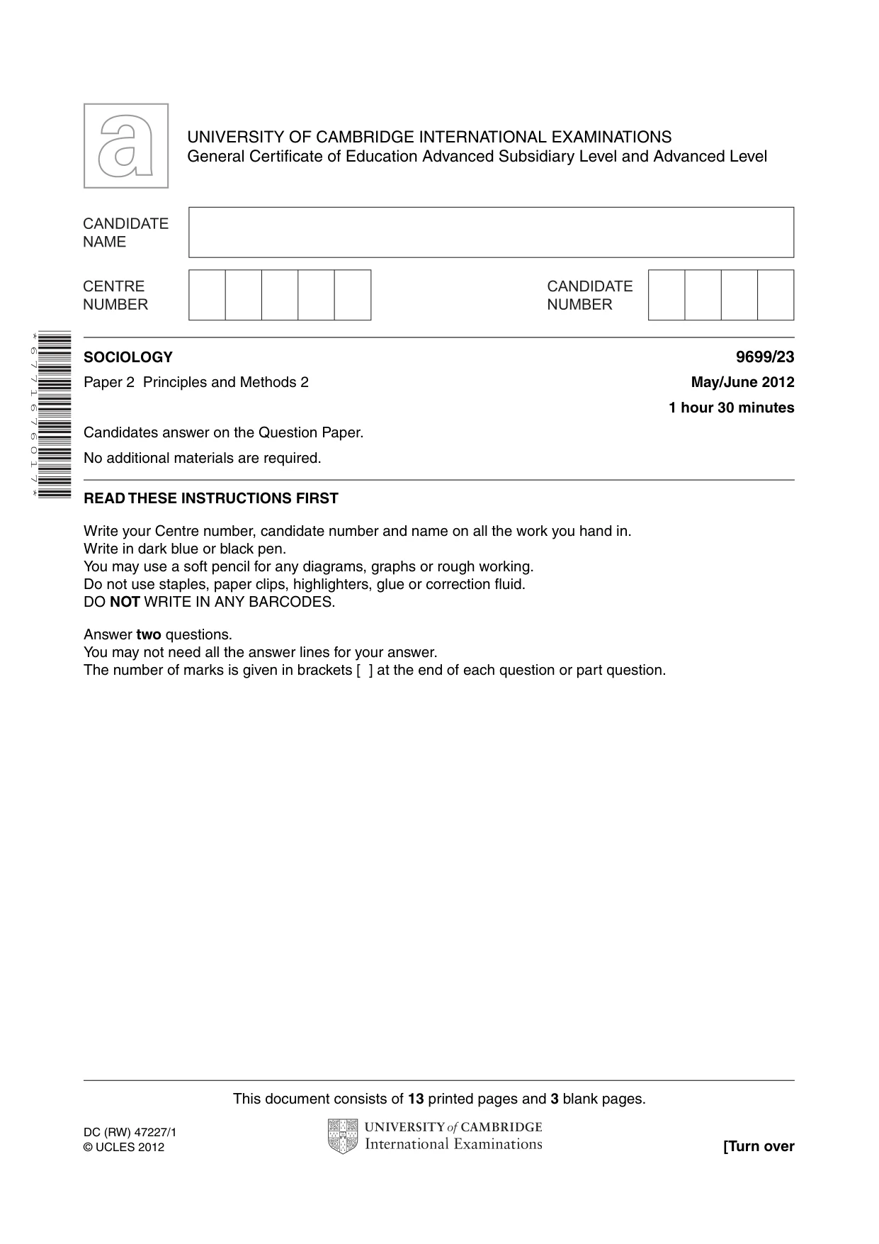 Cambridge A Level Sociology 9699 2012 May/June Paper 2 · Variant 3 question paper, page 1 of 16