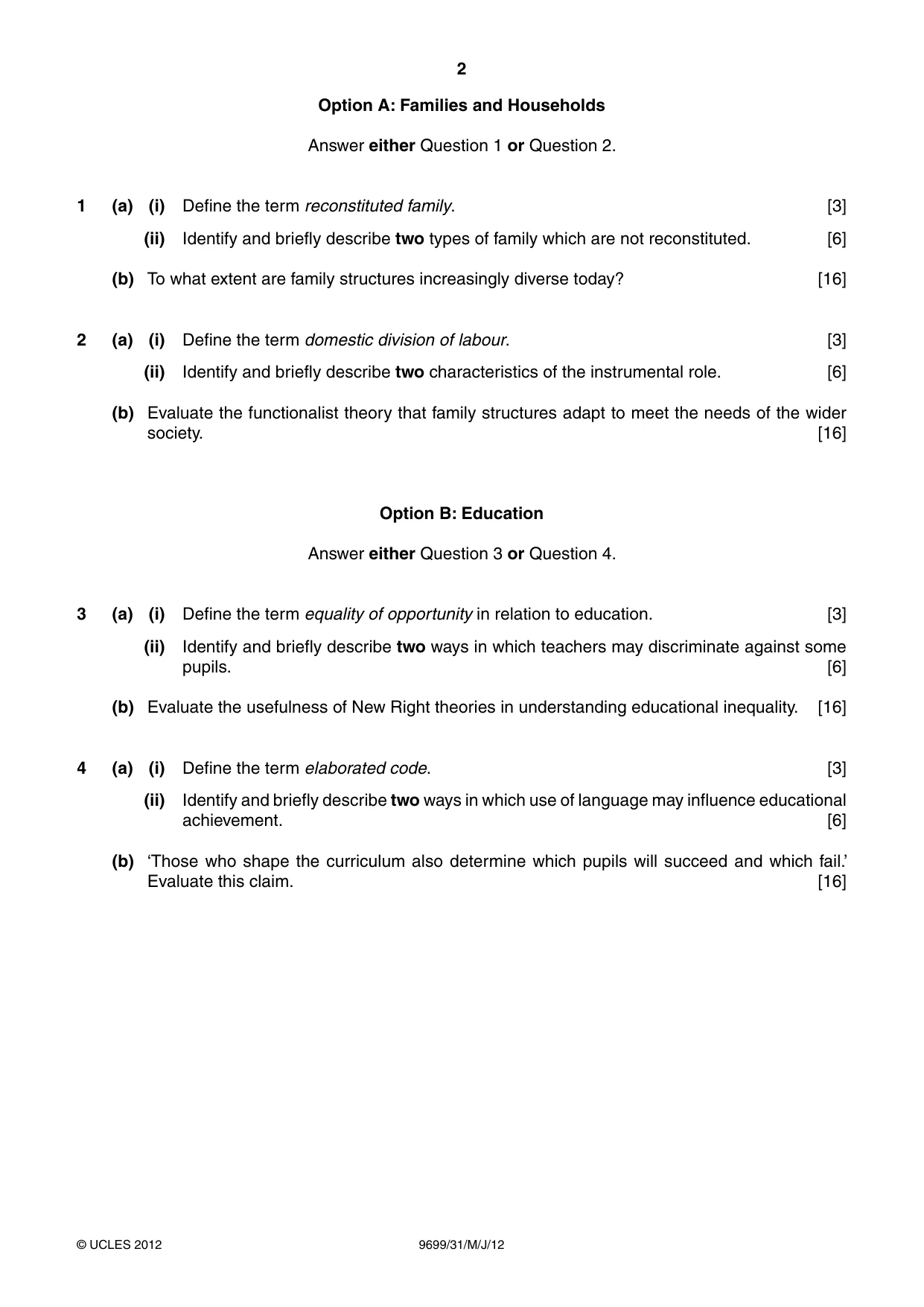 Cambridge A Level Sociology 9699 2012 May/June Paper 3 · Variant 1 question paper, page 2 of 4