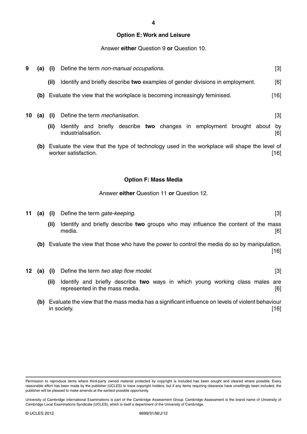 Cambridge A Level Sociology 9699 2012 May/June Paper 3 · Variant 1 question paper, page 4 of 4