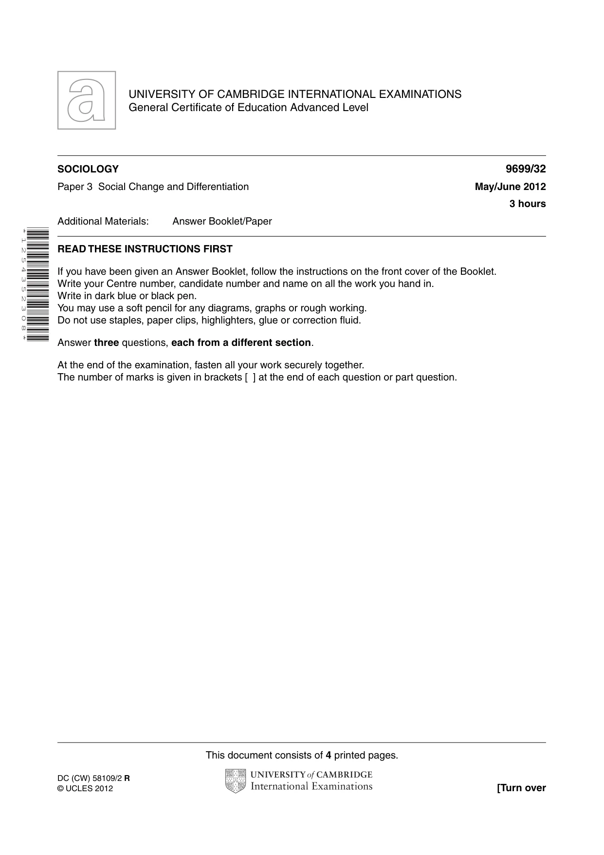 Cambridge A Level Sociology 9699 2012 May/June Paper 3 · Variant 2 question paper, page 1 of 4