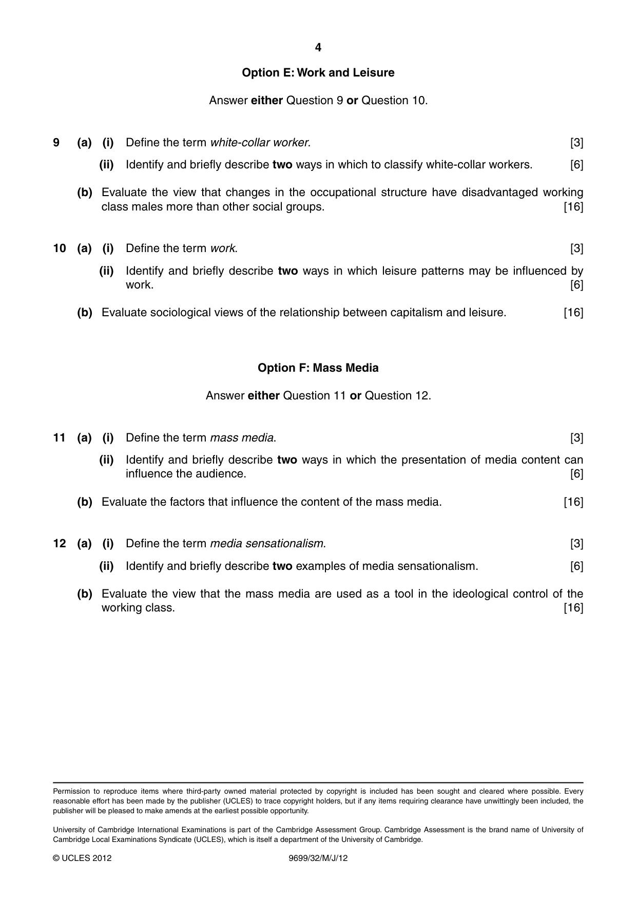 Cambridge A Level Sociology 9699 2012 May/June Paper 3 · Variant 2 question paper, page 4 of 4