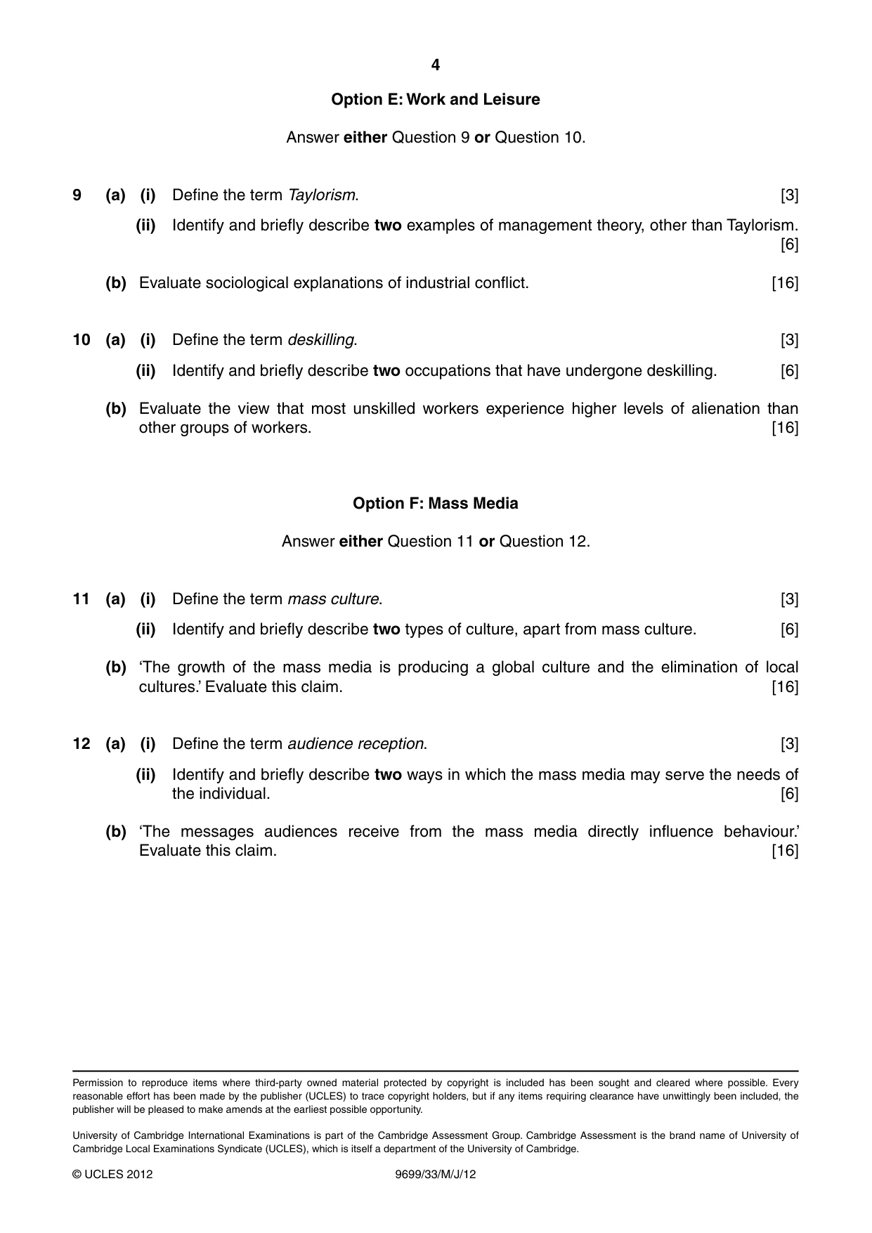 Cambridge A Level Sociology 9699 2012 May/June Paper 3 · Variant 3 question paper, page 4 of 4