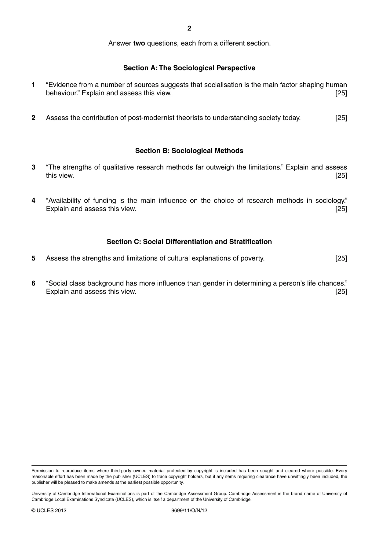 Cambridge A Level Sociology 9699 2012 Oct/Nov Paper 1 · Variant 1 question paper, page 2 of 2