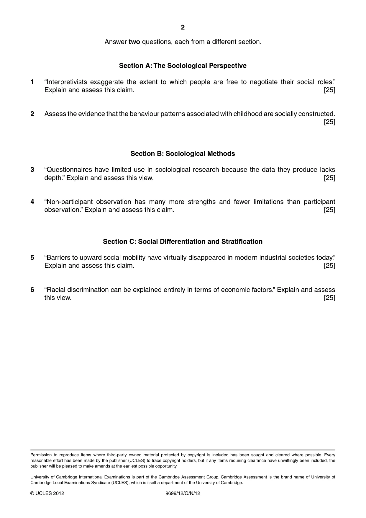 Cambridge A Level Sociology 9699 2012 Oct/Nov Paper 1 · Variant 2 question paper, page 2 of 2