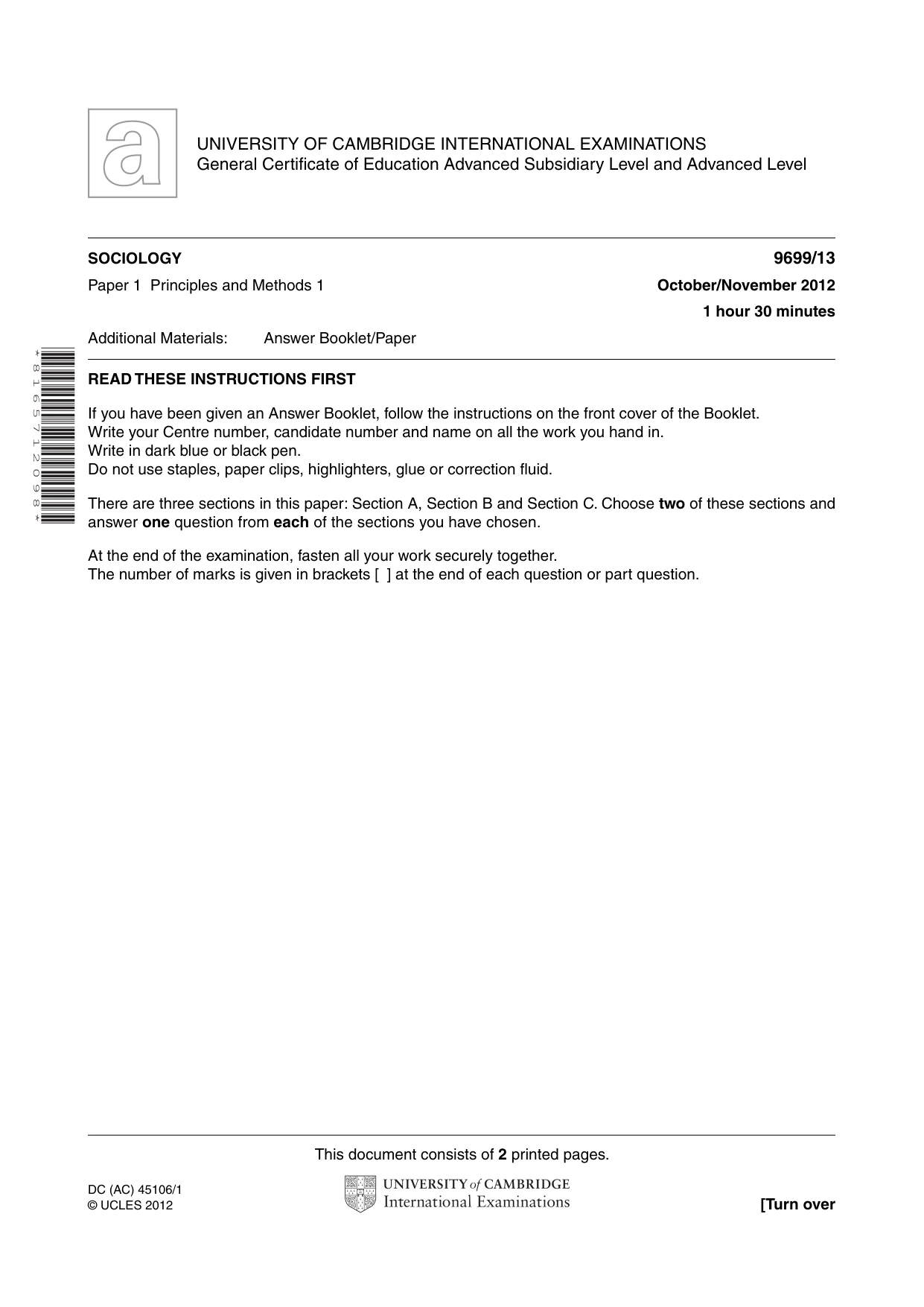 Cambridge A Level Sociology 9699 2012 Oct/Nov Paper 1 · Variant 3 question paper, page 1 of 2