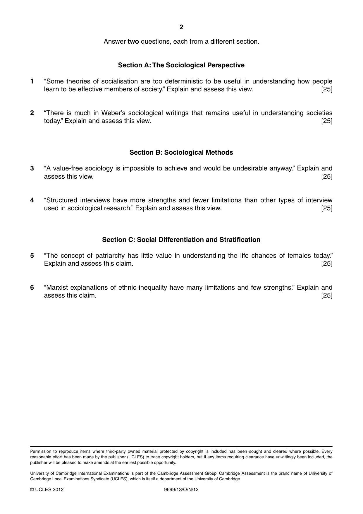 Cambridge A Level Sociology 9699 2012 Oct/Nov Paper 1 · Variant 3 question paper, page 2 of 2