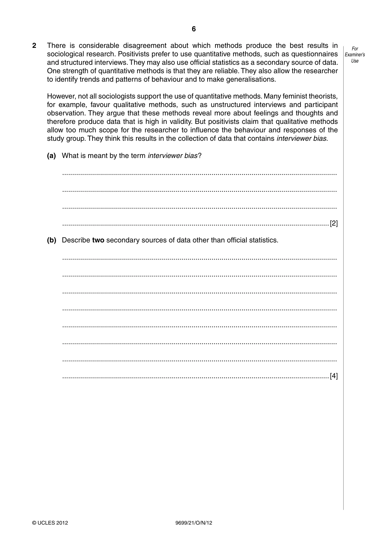 Cambridge A Level Sociology 9699 2012 Oct/Nov Paper 2 · Variant 1 question paper, page 6 of 16