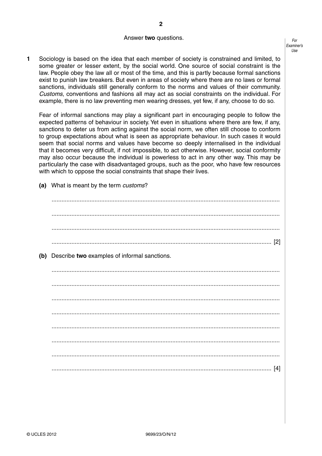 Cambridge A Level Sociology 9699 2012 Oct/Nov Paper 2 · Variant 3 question paper, page 2 of 16
