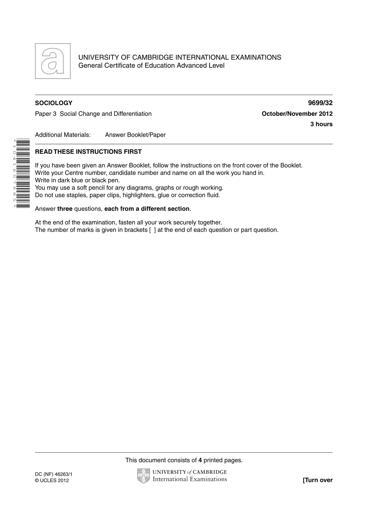 Cambridge A Level Sociology 9699 2012 Oct/Nov Paper 3 · Variant 2 question paper, page 1 of 4