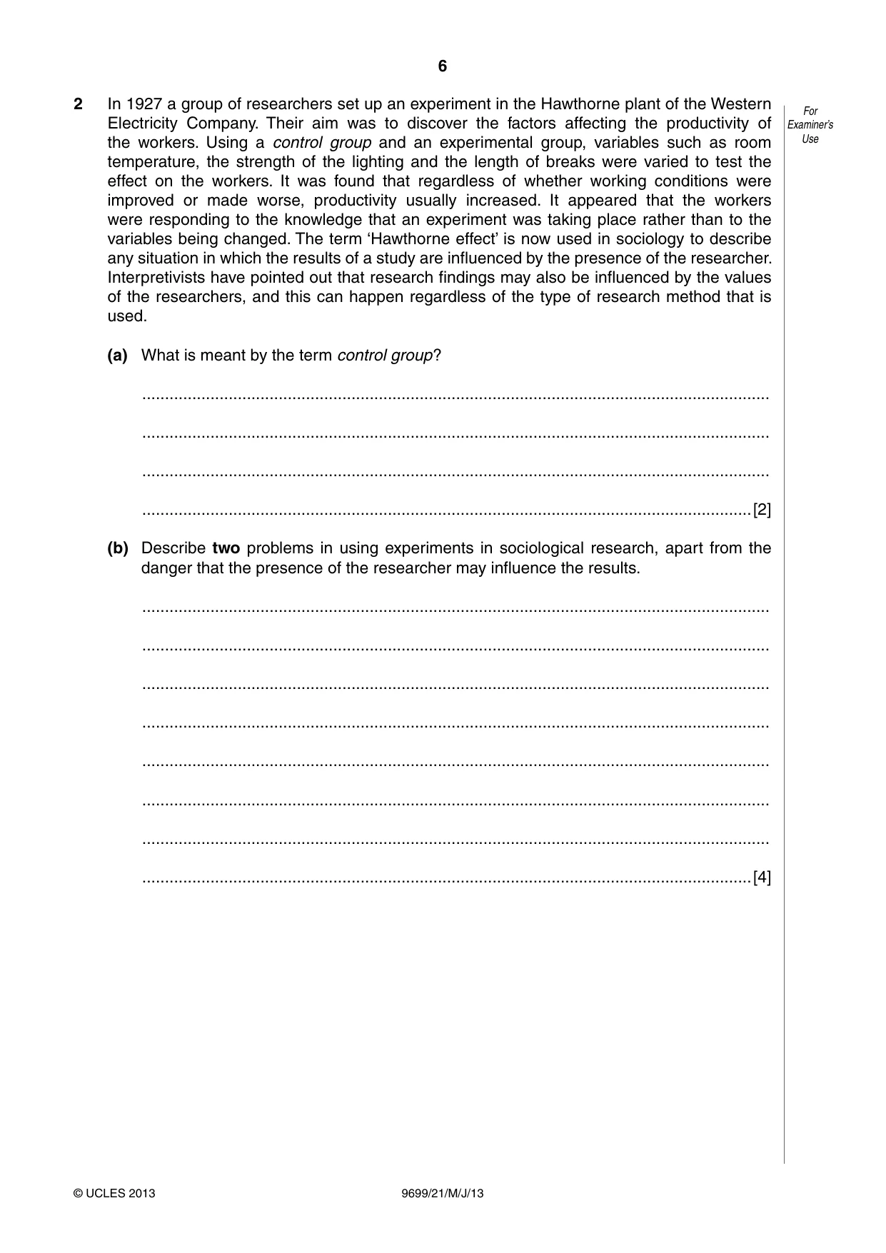 Cambridge A Level Sociology 9699 2013 May/June Paper 2 · Variant 1 question paper, page 6 of 16