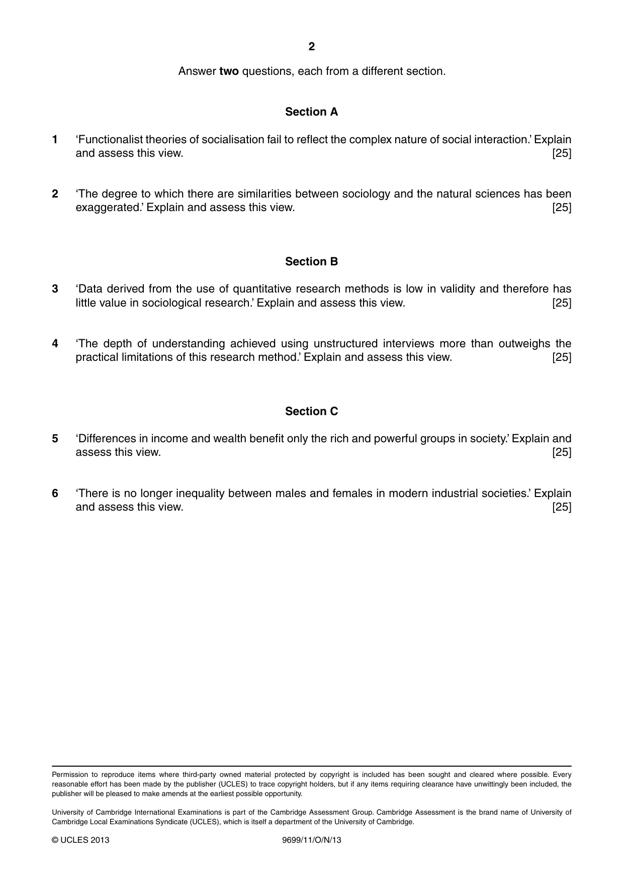 Cambridge A Level Sociology 9699 2013 Oct/Nov Paper 1 · Variant 1 question paper, page 2 of 2