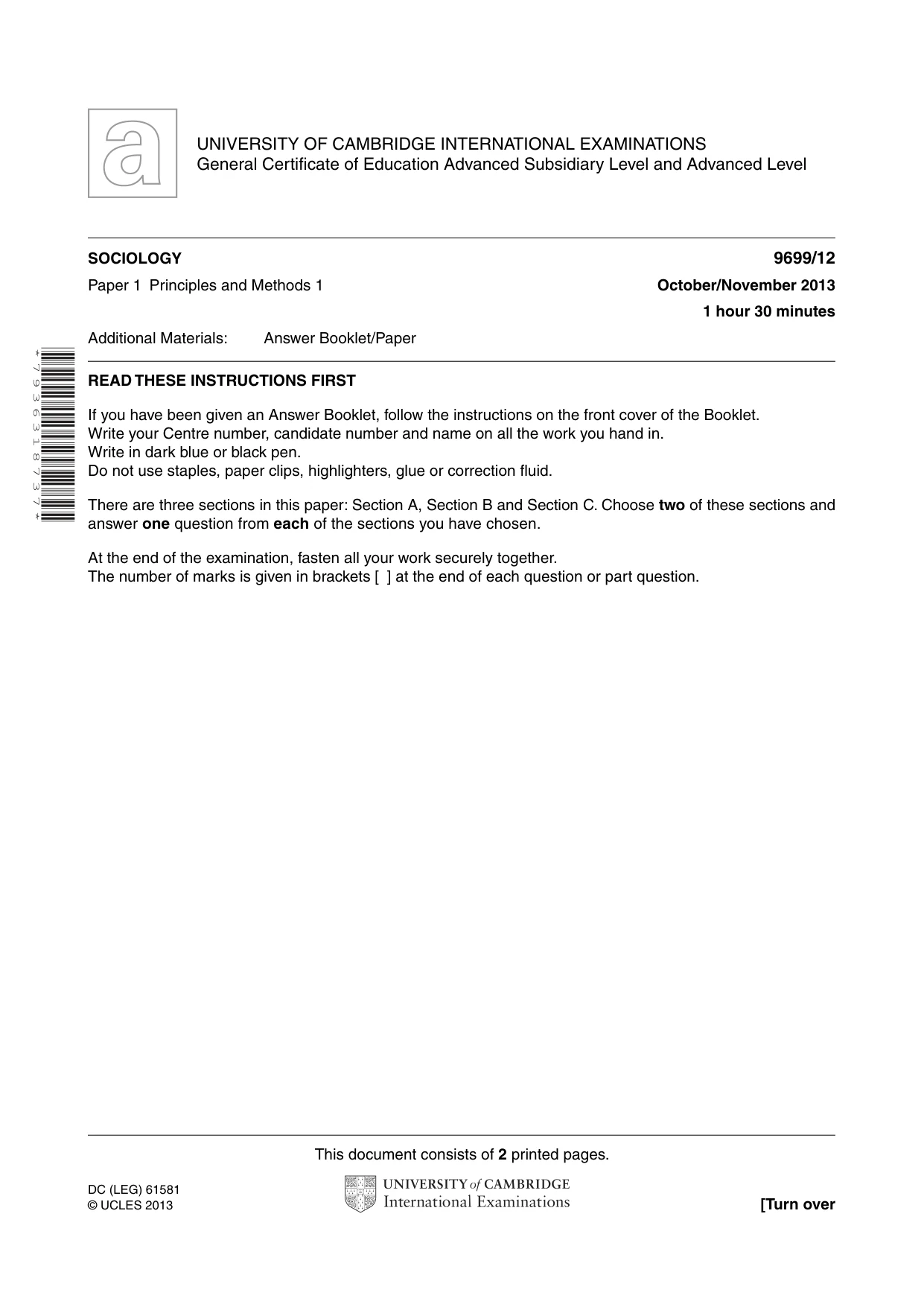 Cambridge A Level Sociology 9699 2013 Oct/Nov Paper 1 · Variant 2 question paper, page 1 of 2