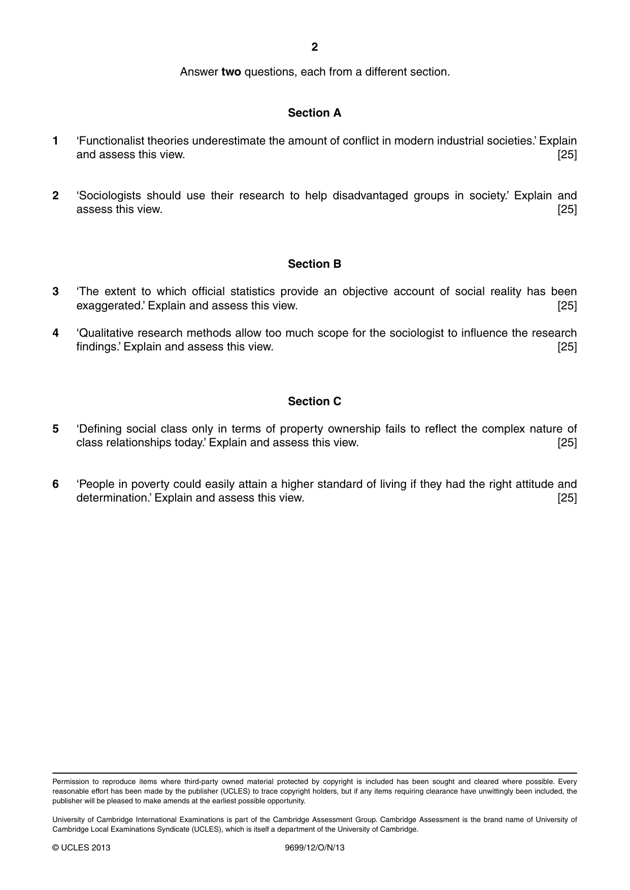 Cambridge A Level Sociology 9699 2013 Oct/Nov Paper 1 · Variant 2 question paper, page 2 of 2