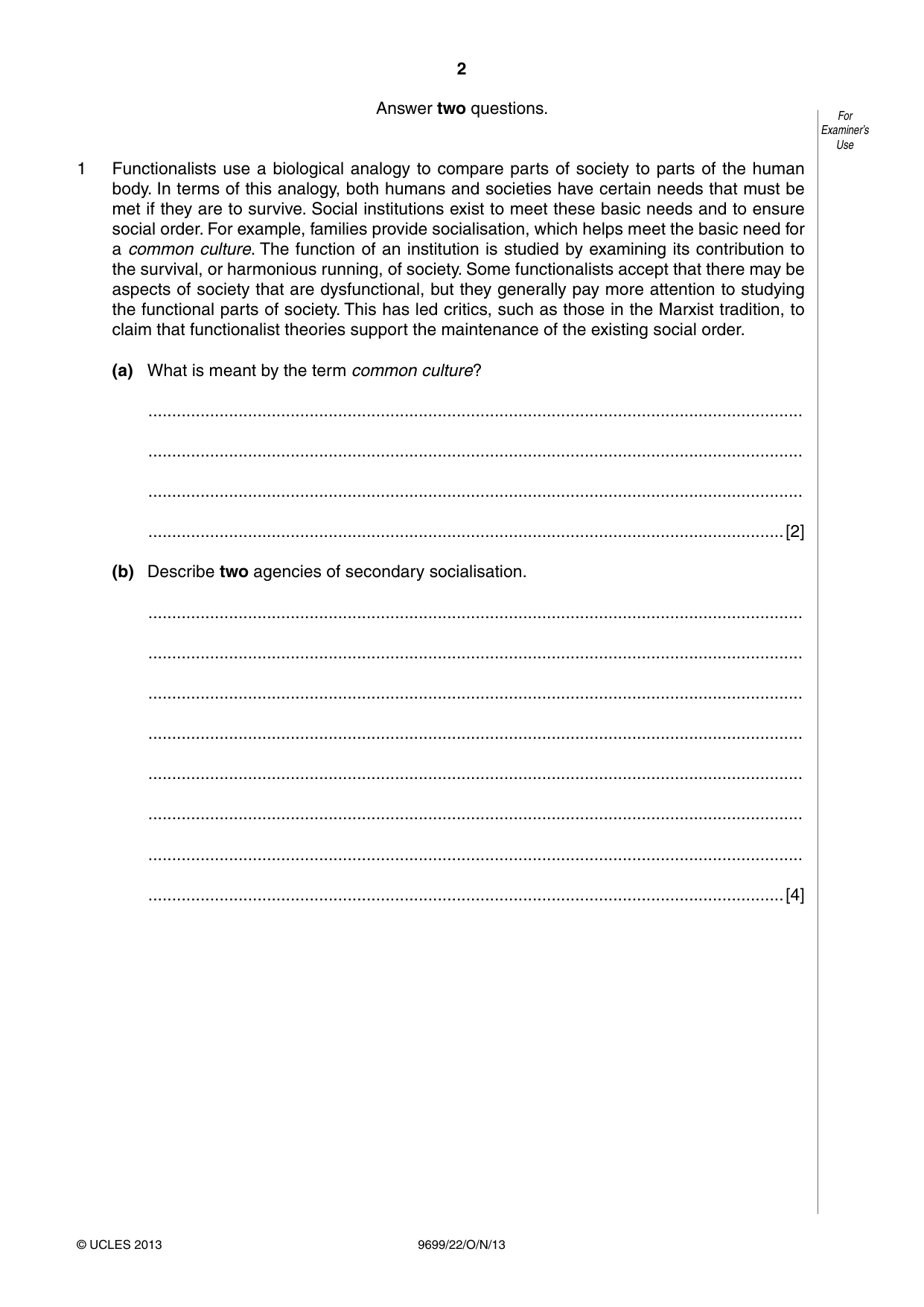 Cambridge A Level Sociology 9699 2013 Oct/Nov Paper 2 · Variant 2 question paper, page 2 of 16