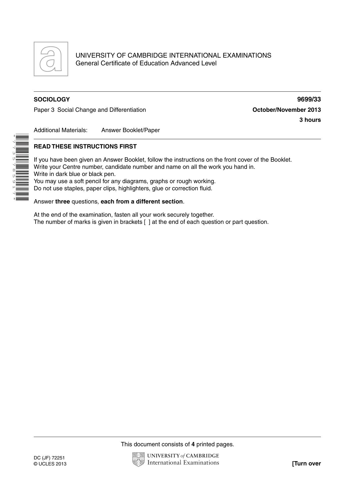 Cambridge A Level Sociology 9699 2013 Oct/Nov Paper 3 · Variant 3 question paper, page 1 of 4