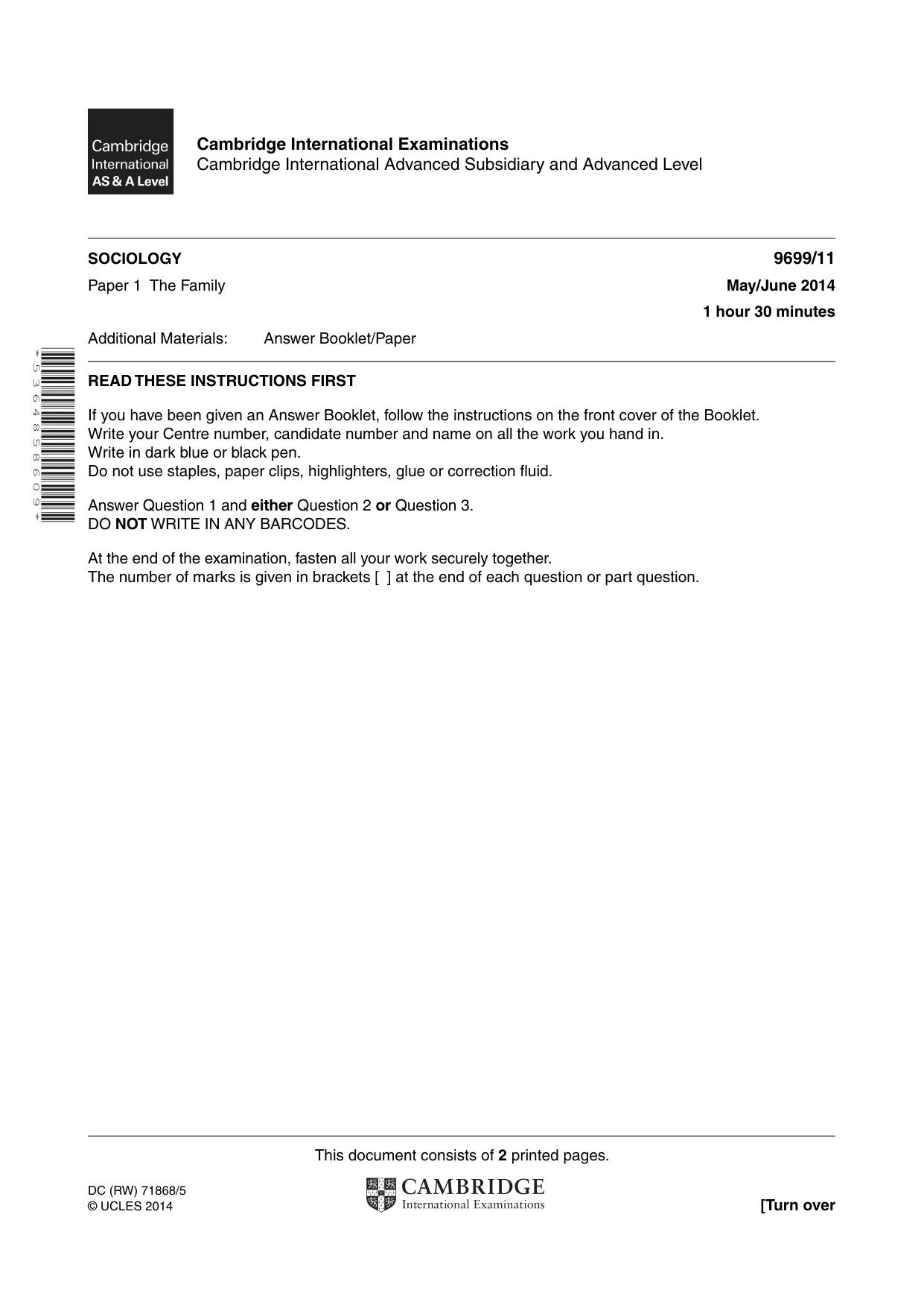 Cambridge A Level Sociology 9699 2014 May/June Paper 1 · Variant 1 question paper, page 1 of 2