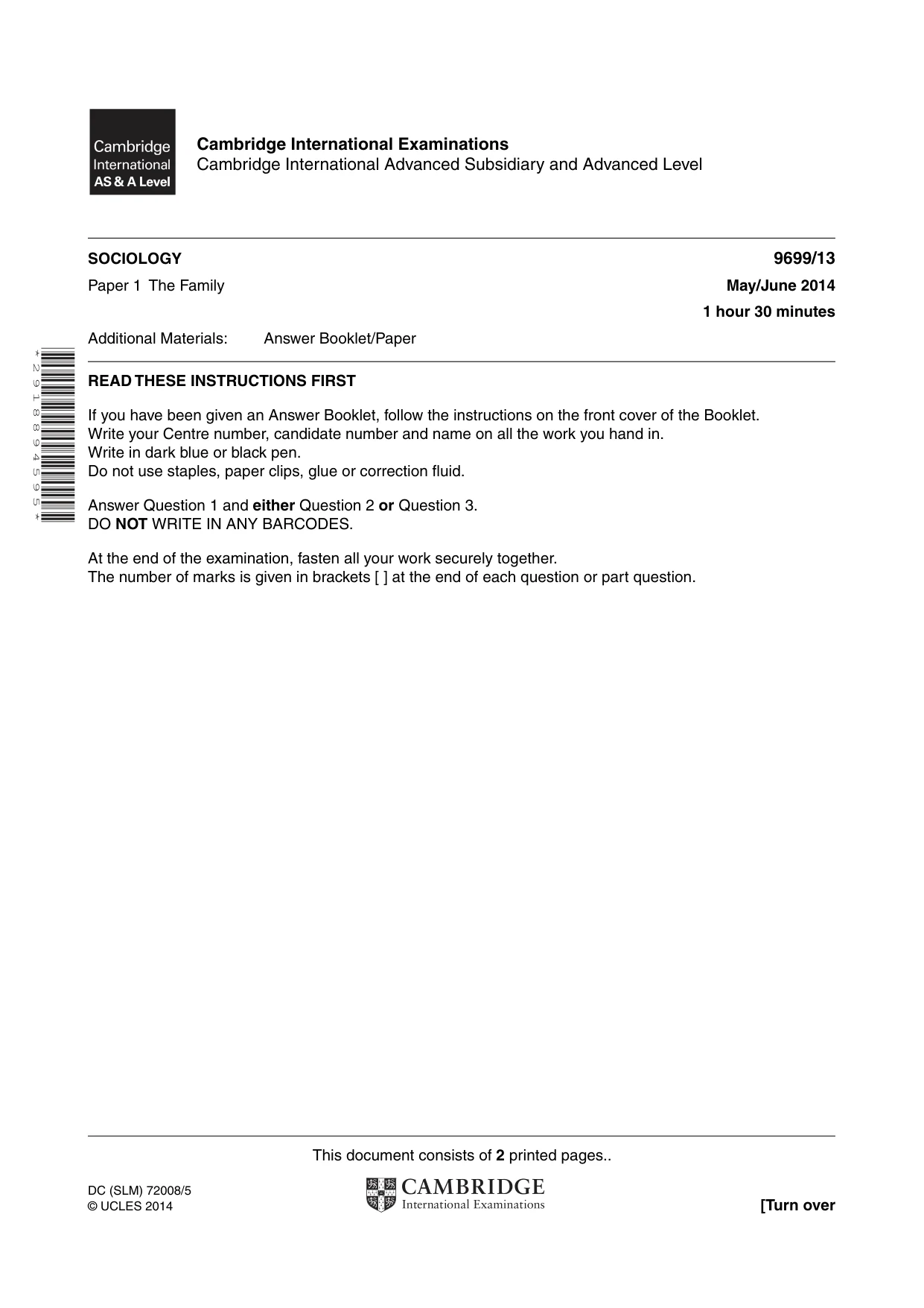 Cambridge A Level Sociology 9699 2014 May/June Paper 1 · Variant 3 question paper, page 1 of 2